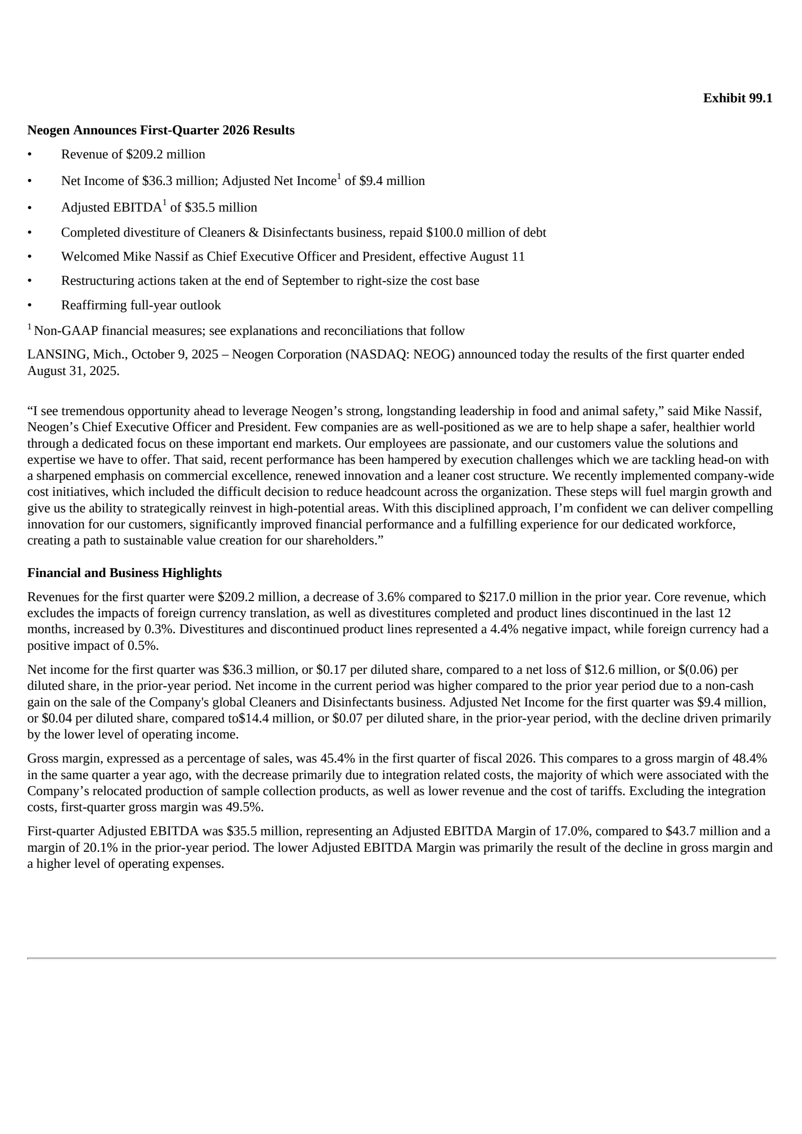 Neogen's Q1 2026 Earnings Release