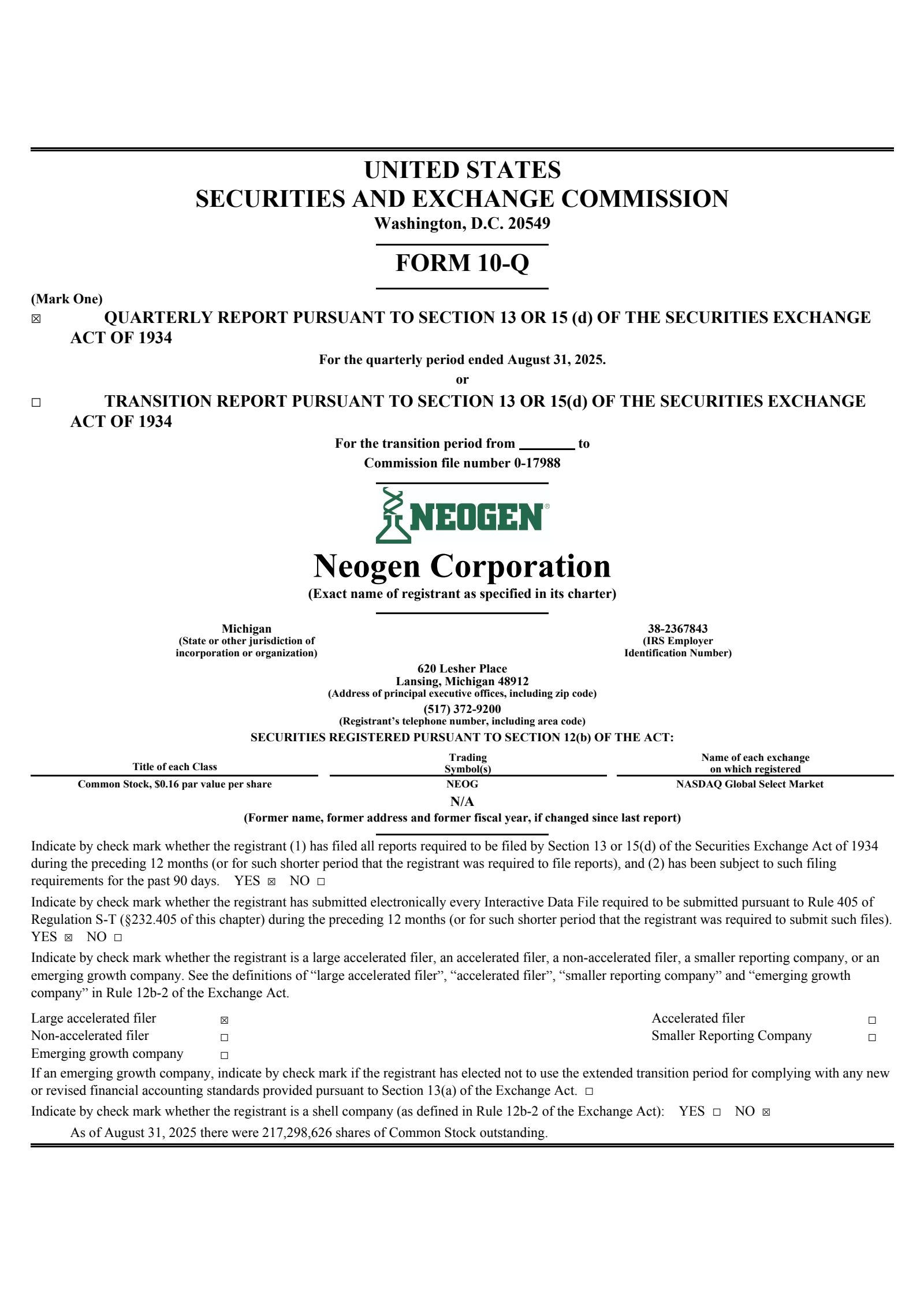 Neogen's Q1 2026 Quarterly Report
