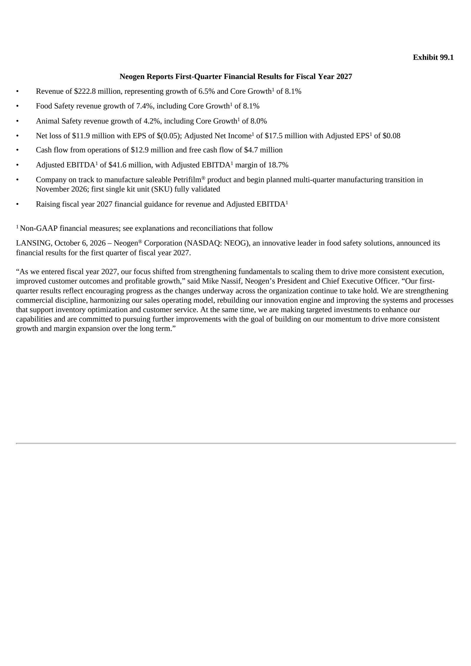 Neogen's Q1 2027 Press Release