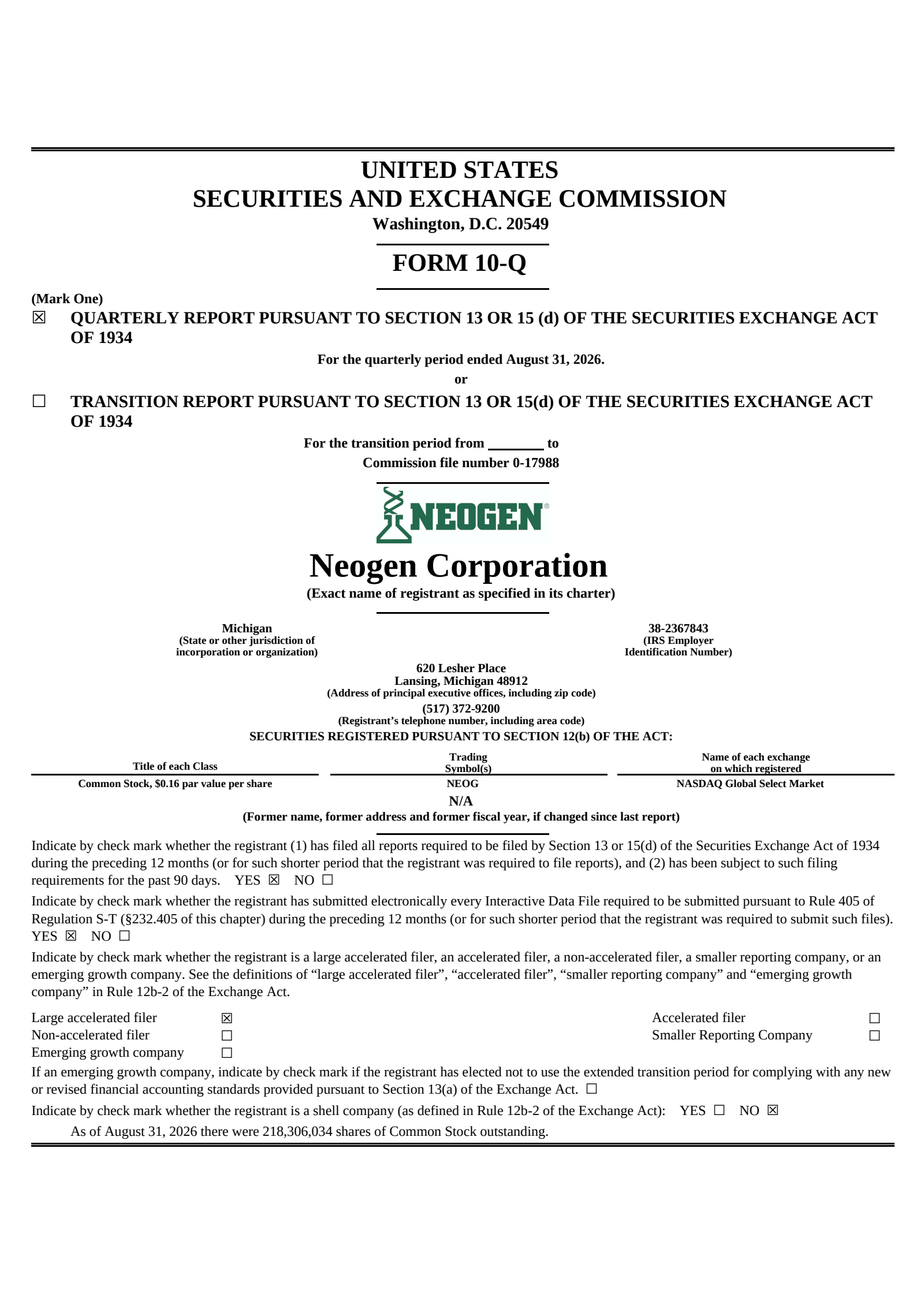Neogen's Q1 2027 Quarterly report