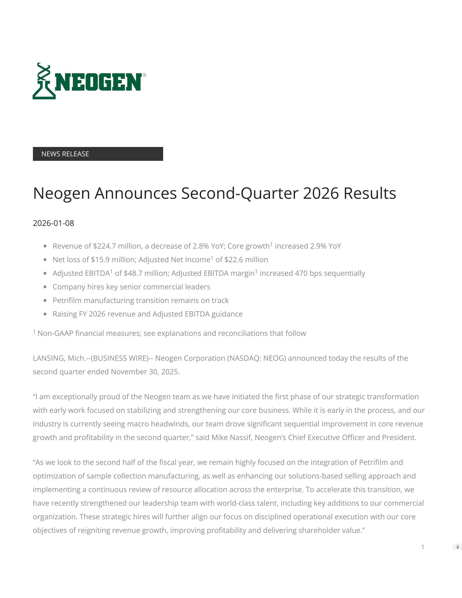 Neogen's Q2 2026 Earnings Release