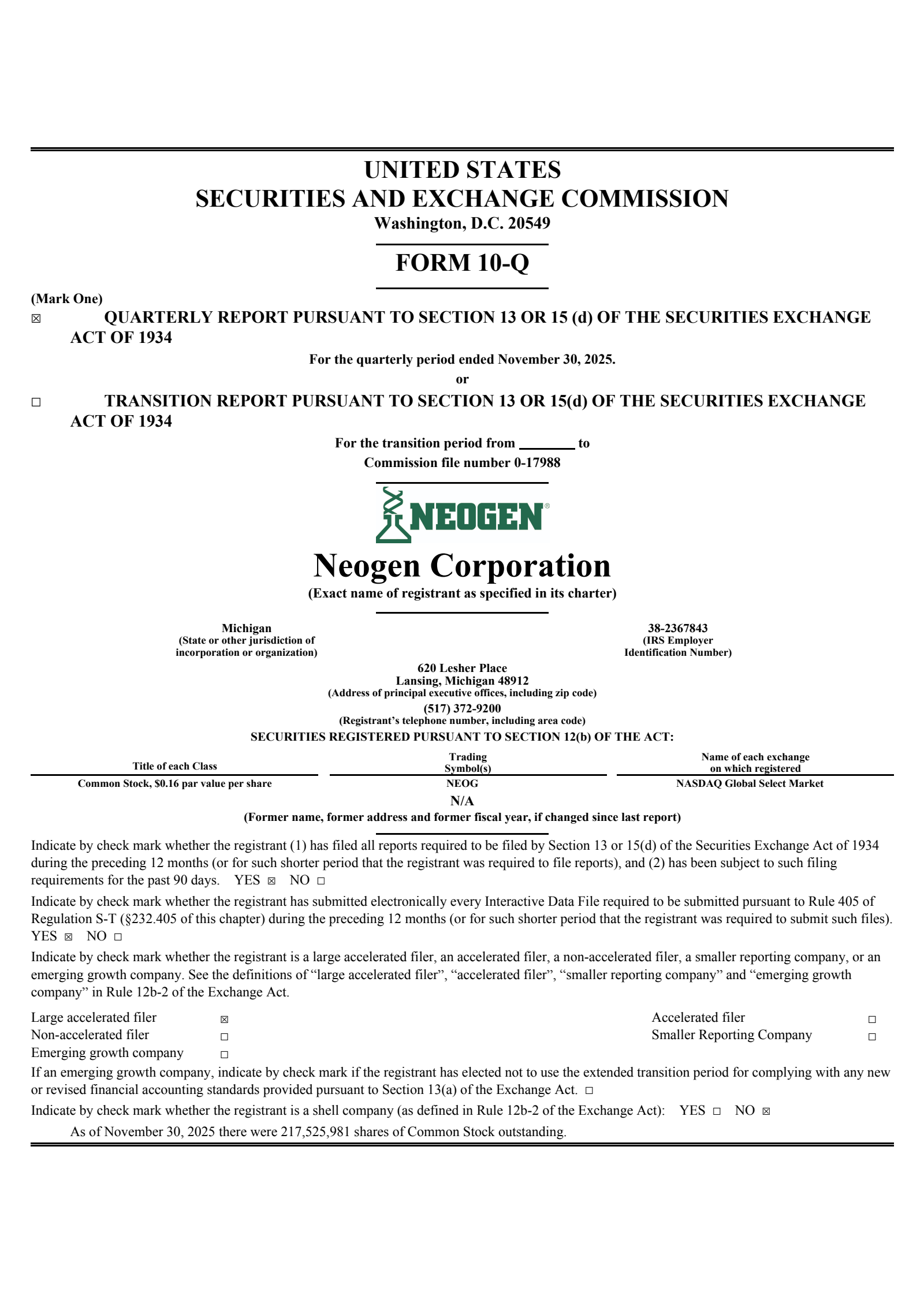 Neogen's Q2 2026 Quarterly Report