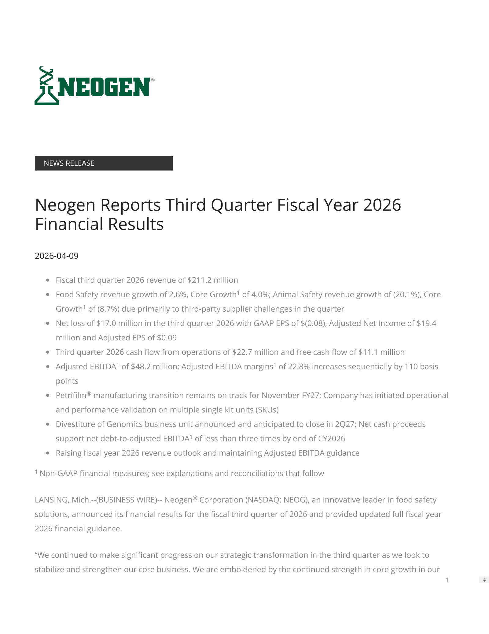 Neogen's Q3 2026 Press Release