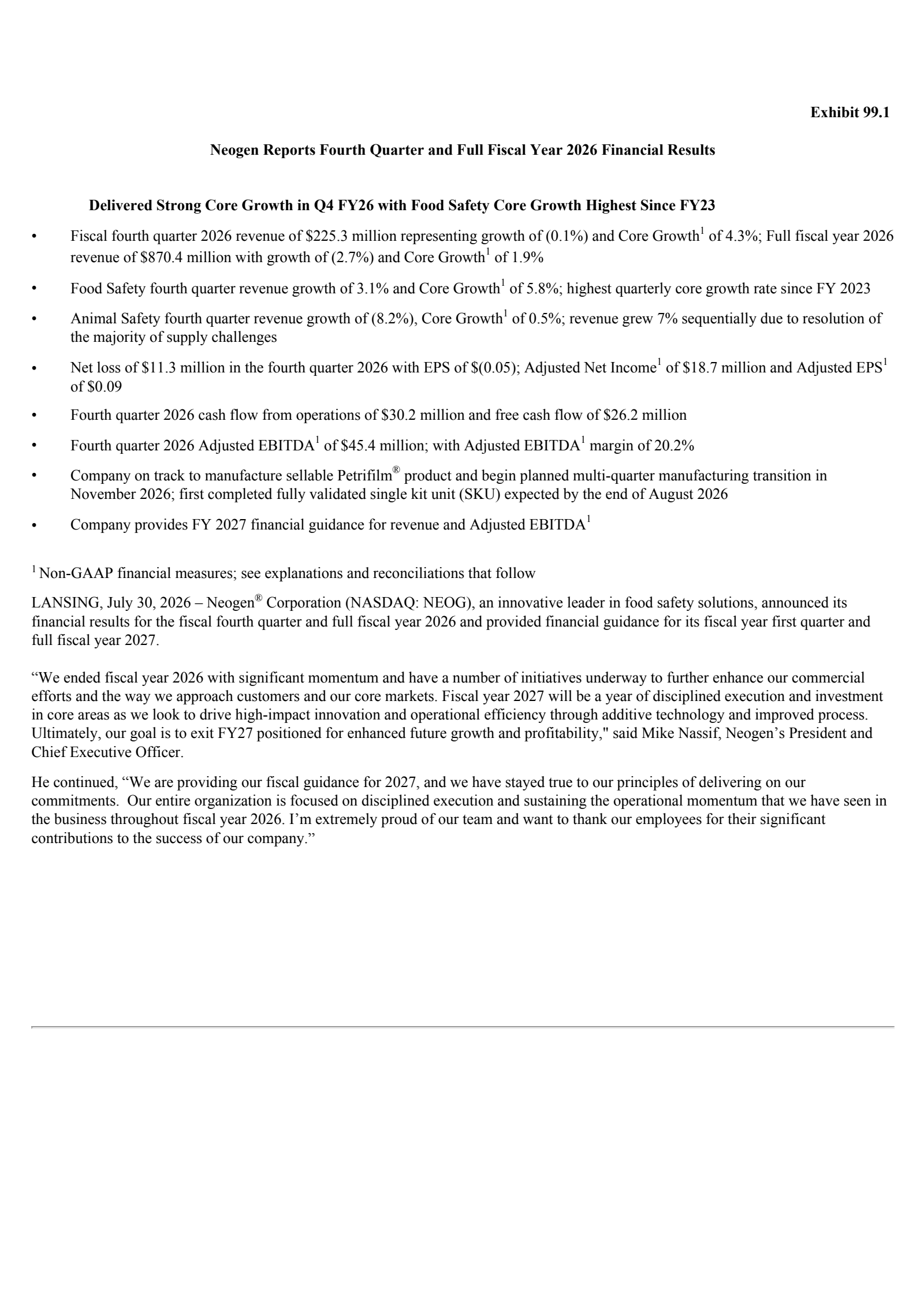 Neogen's Q4 2026 Press Release