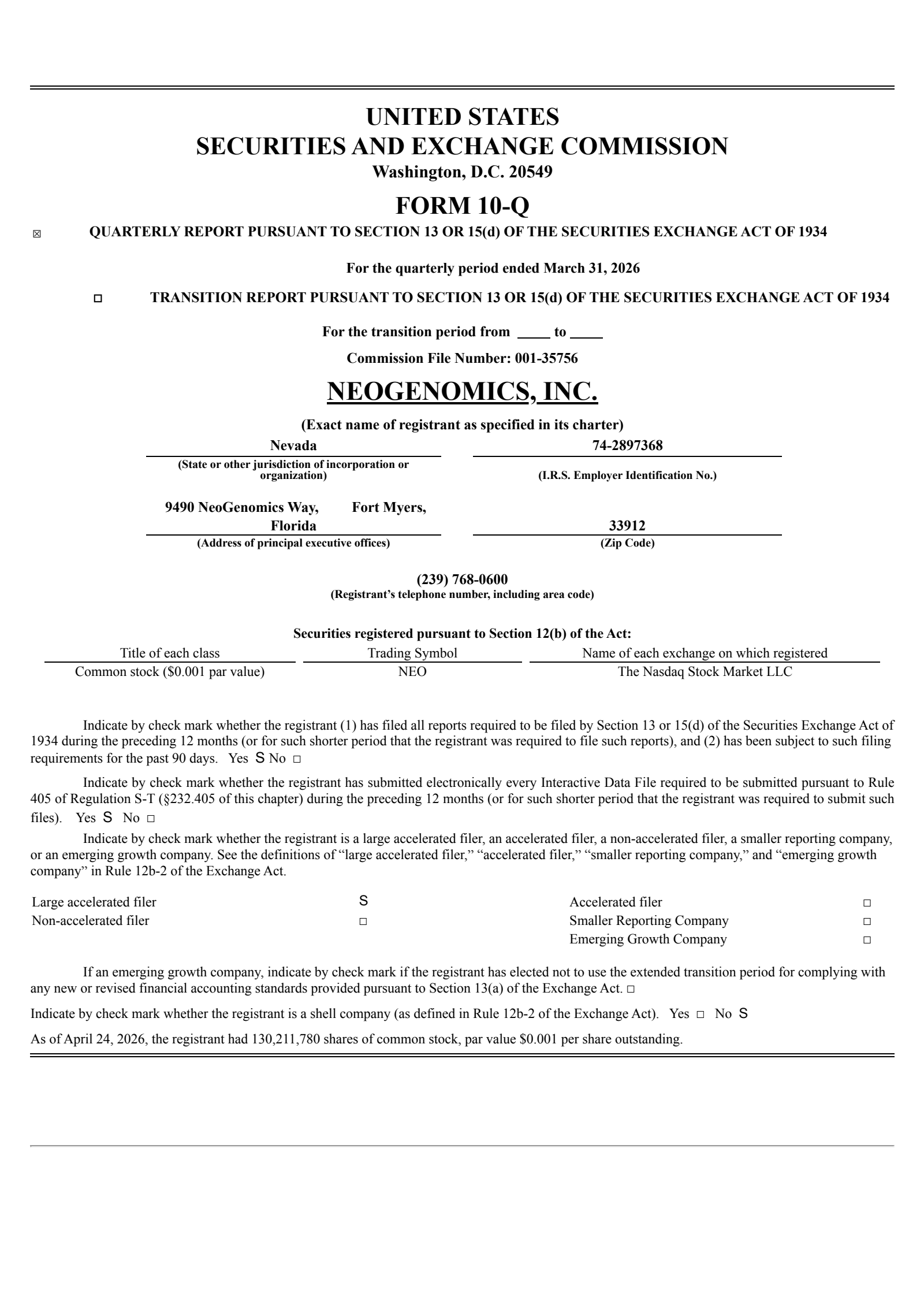 NeoGenomics' Q1 2026 Quarterly report