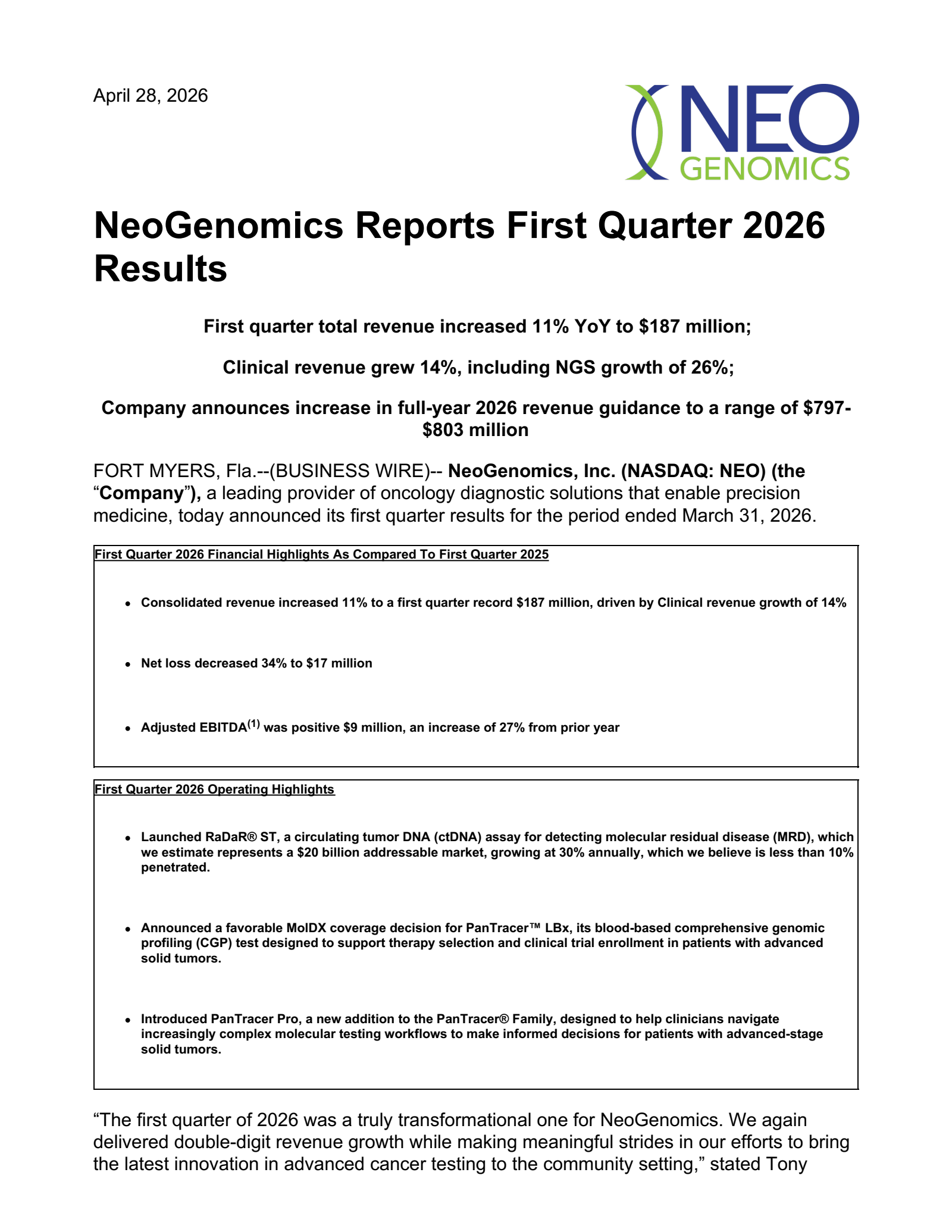 NeoGenomics' Q1 2026 Press Release