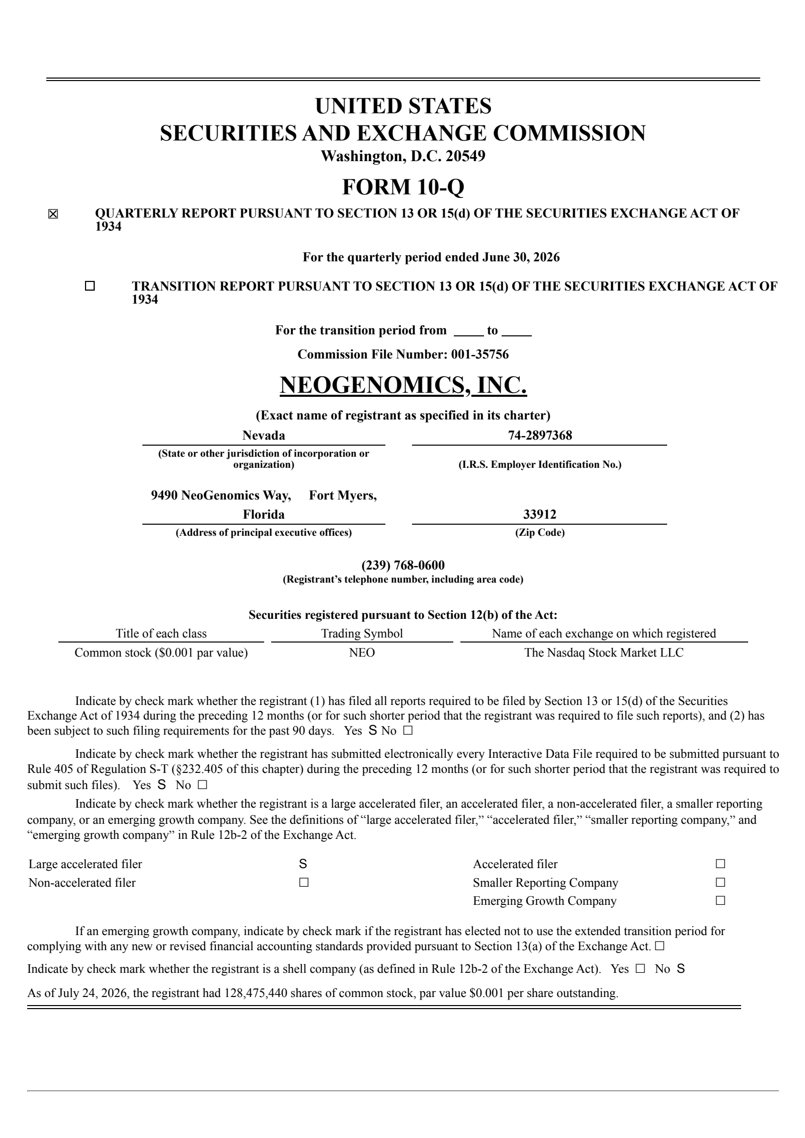 NeoGenomics' Q2 2026 Quarterly report