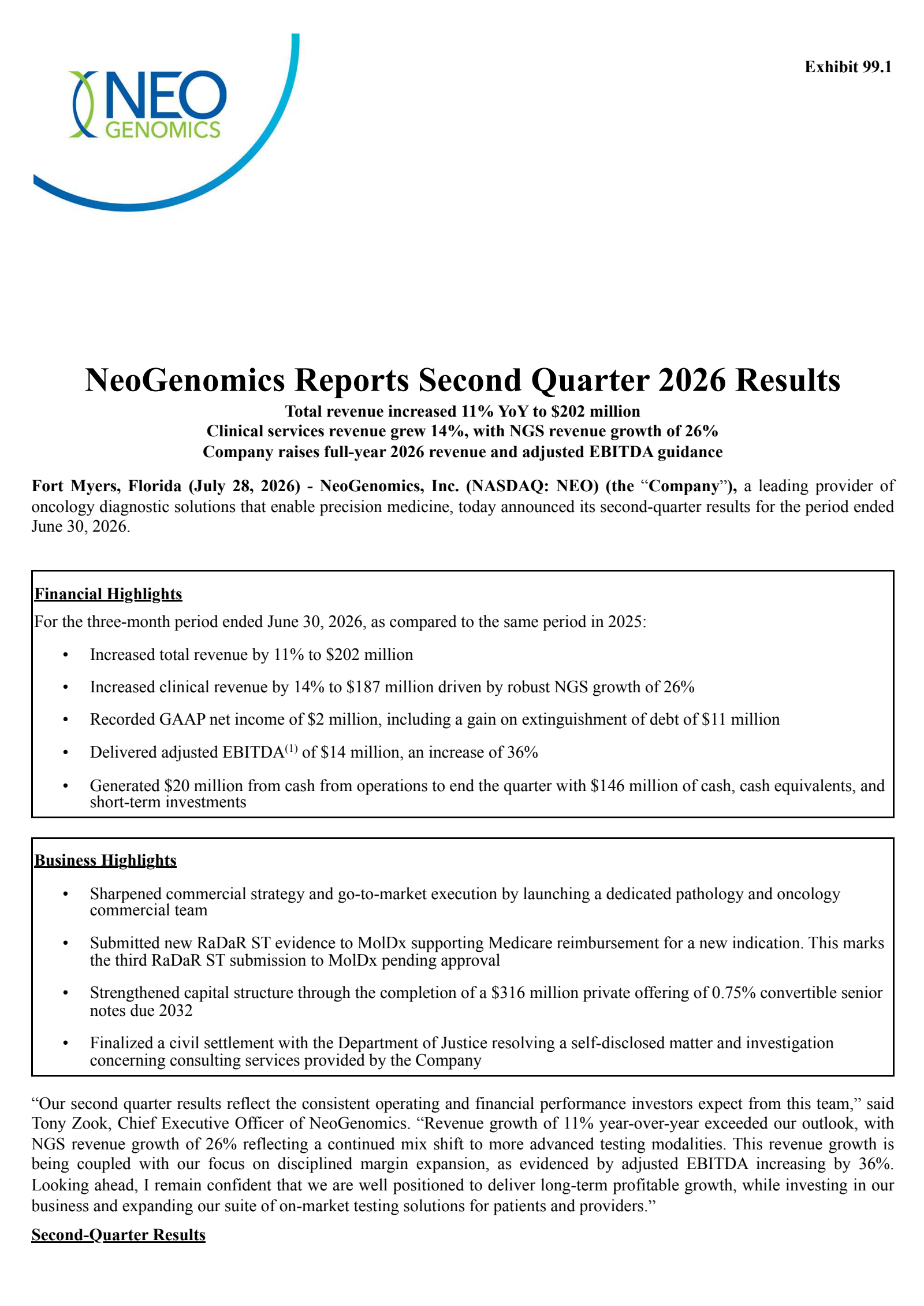 NeoGenomics' Q2 2026 Press Release