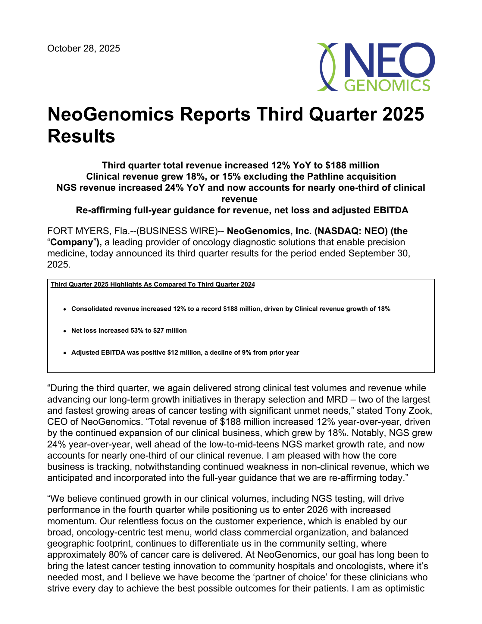 NeoGenomics' Q3 2025 Earnings Release