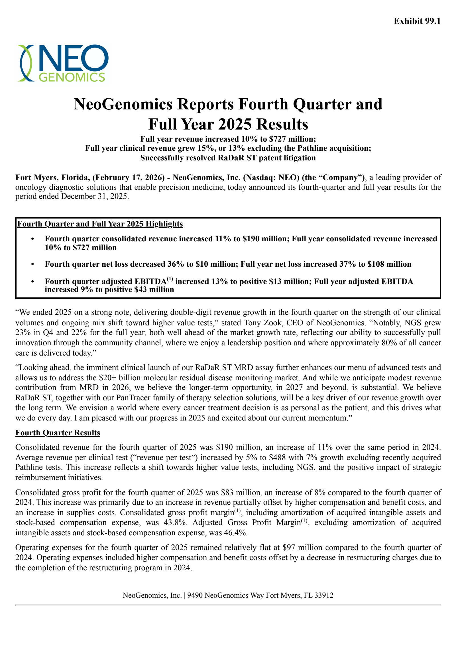 NeoGenomics' Q4 2025 Press Release