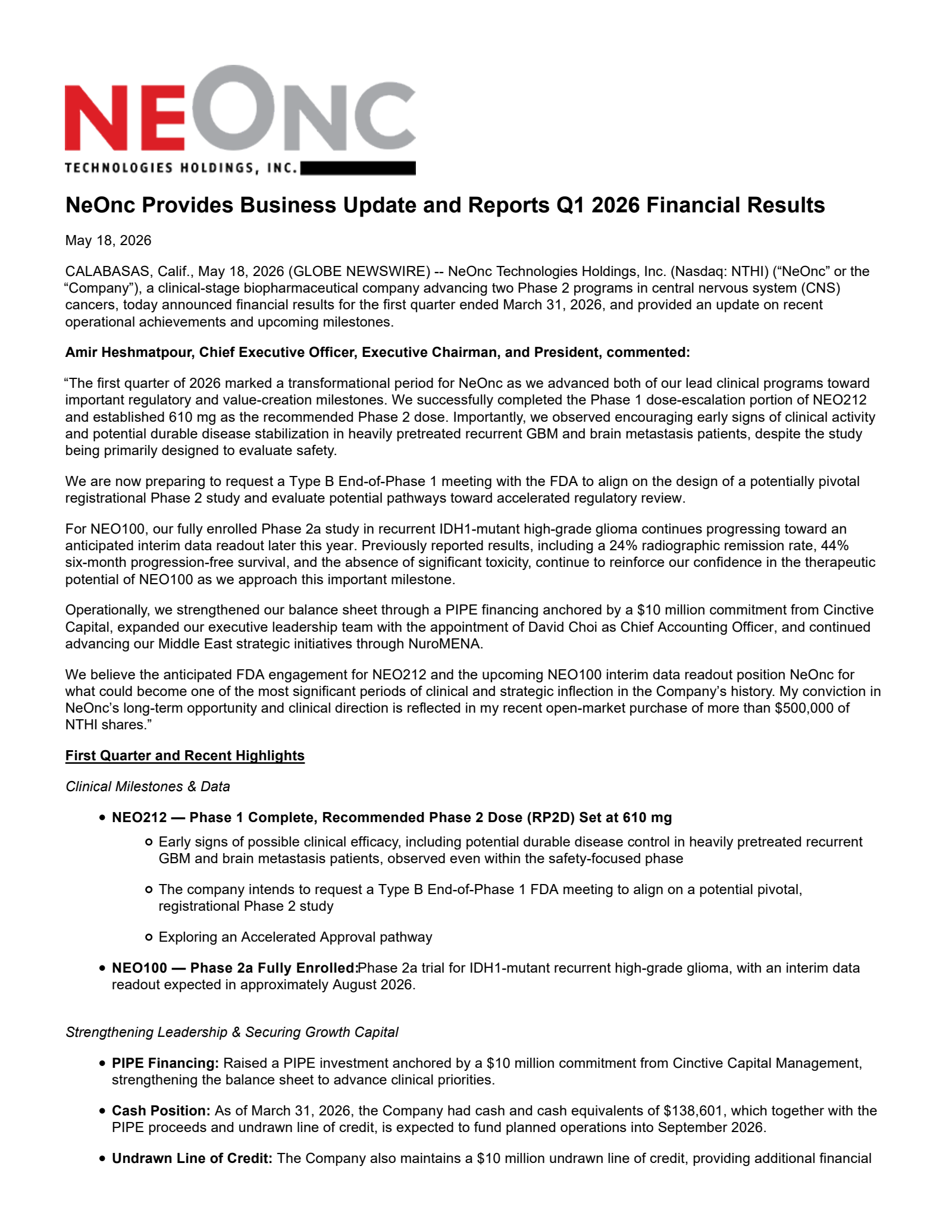 Neonc Technologies' Q1 2026 Press Release