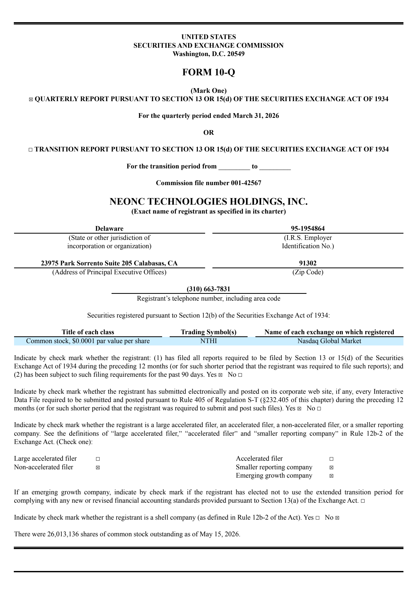 Neonc Technologies' Q1 2026 Quarterly report