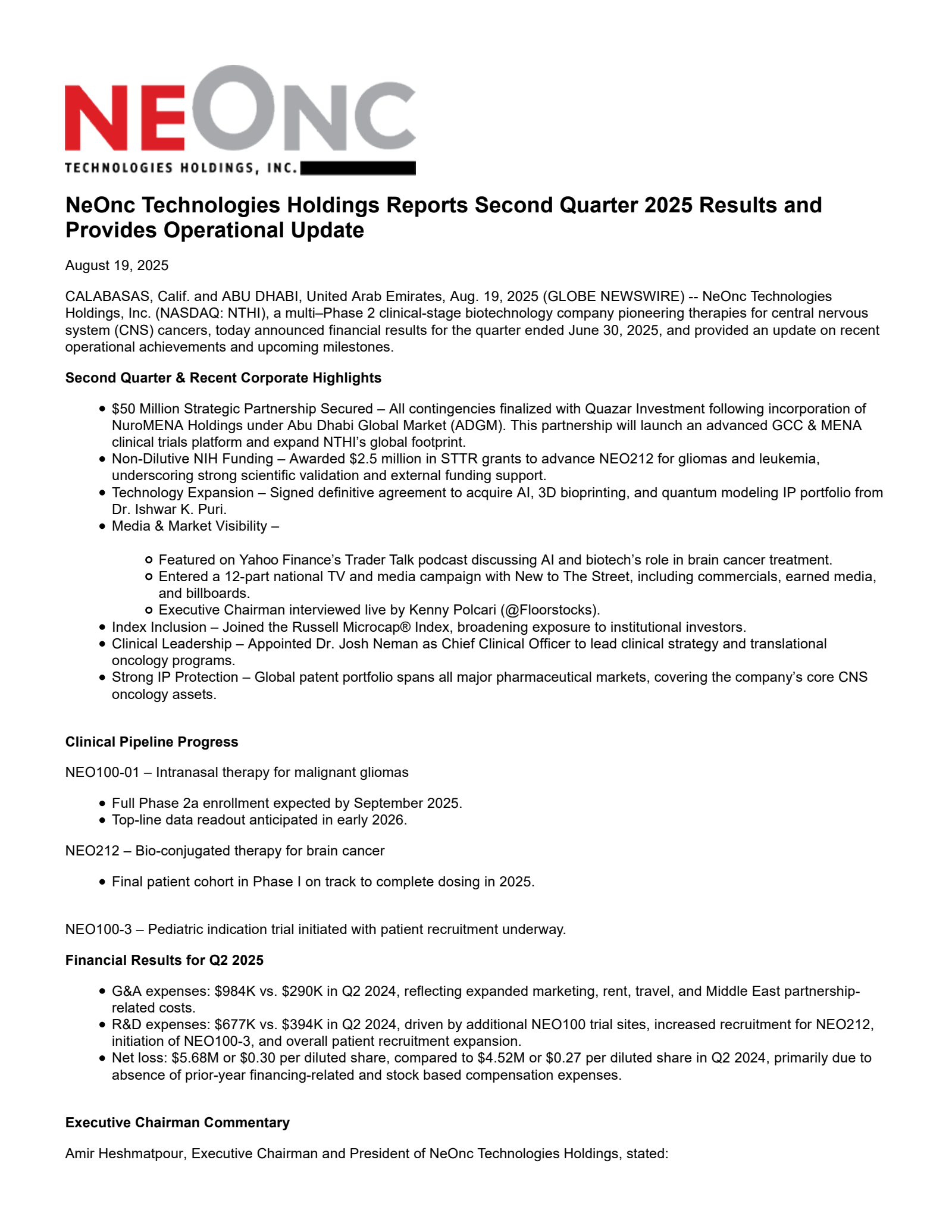 Neonc Technologies' Q2 2025 Press Release