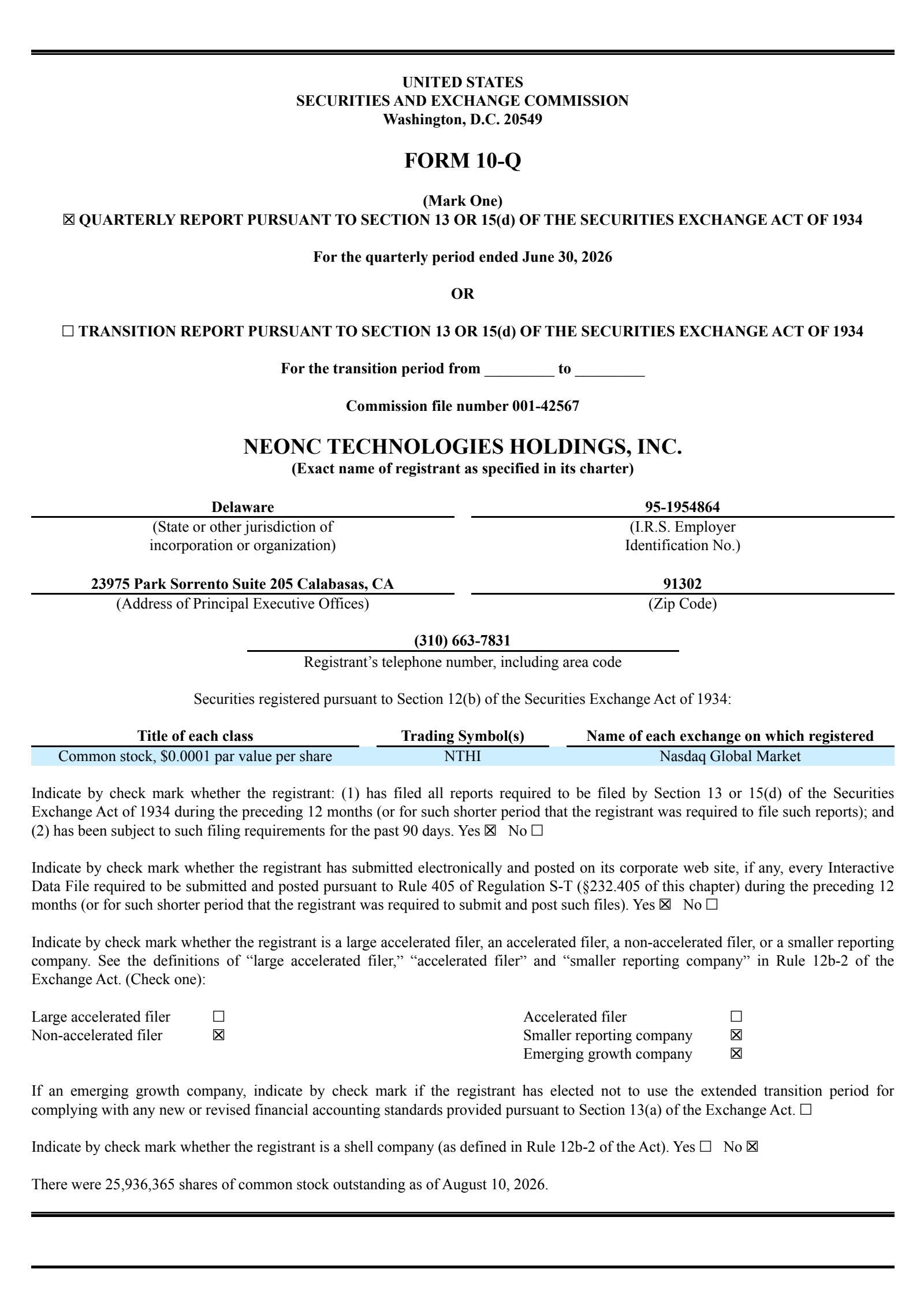 Neonc Technologies' Q2 2026 Quarterly report