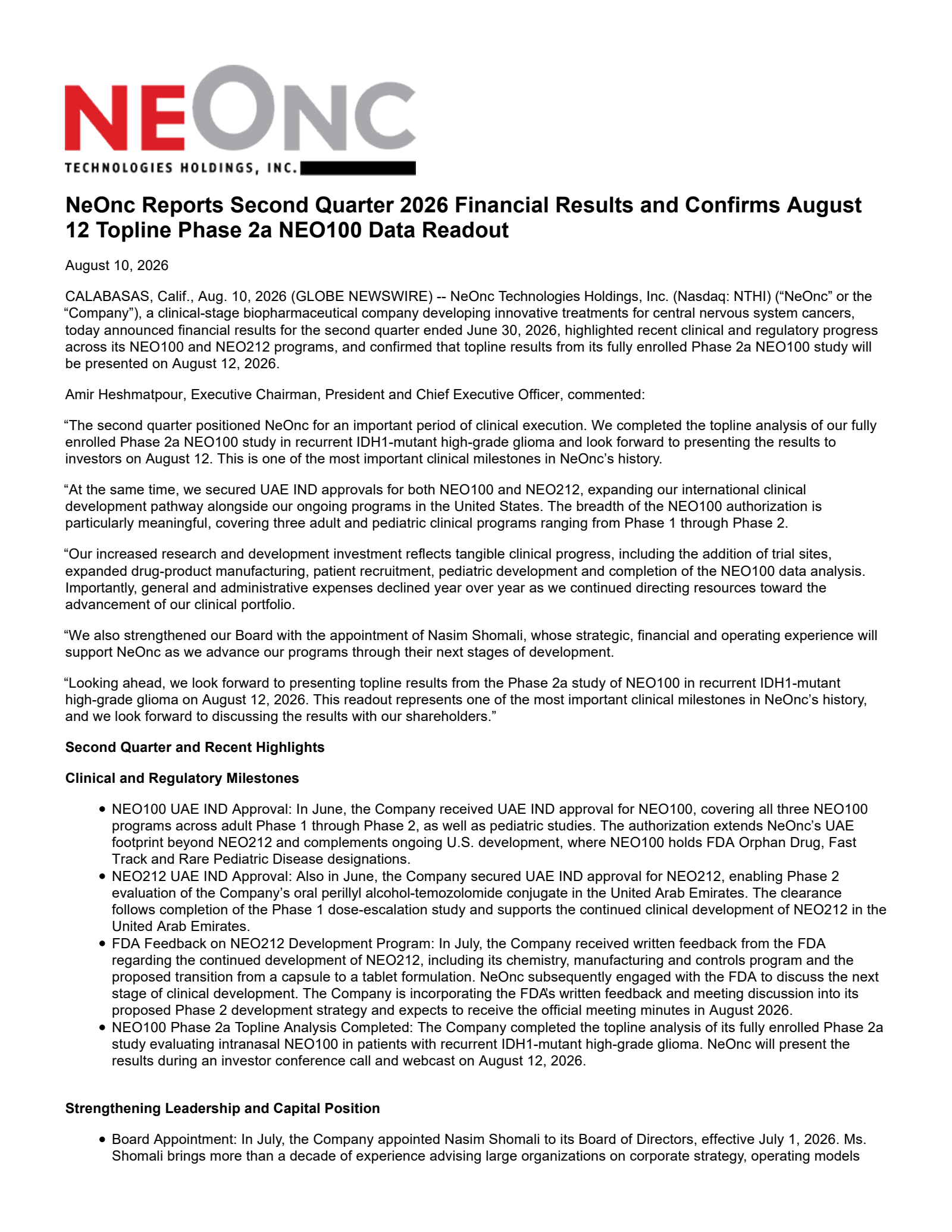 Neonc Technologies' Q2 2026 Press Release