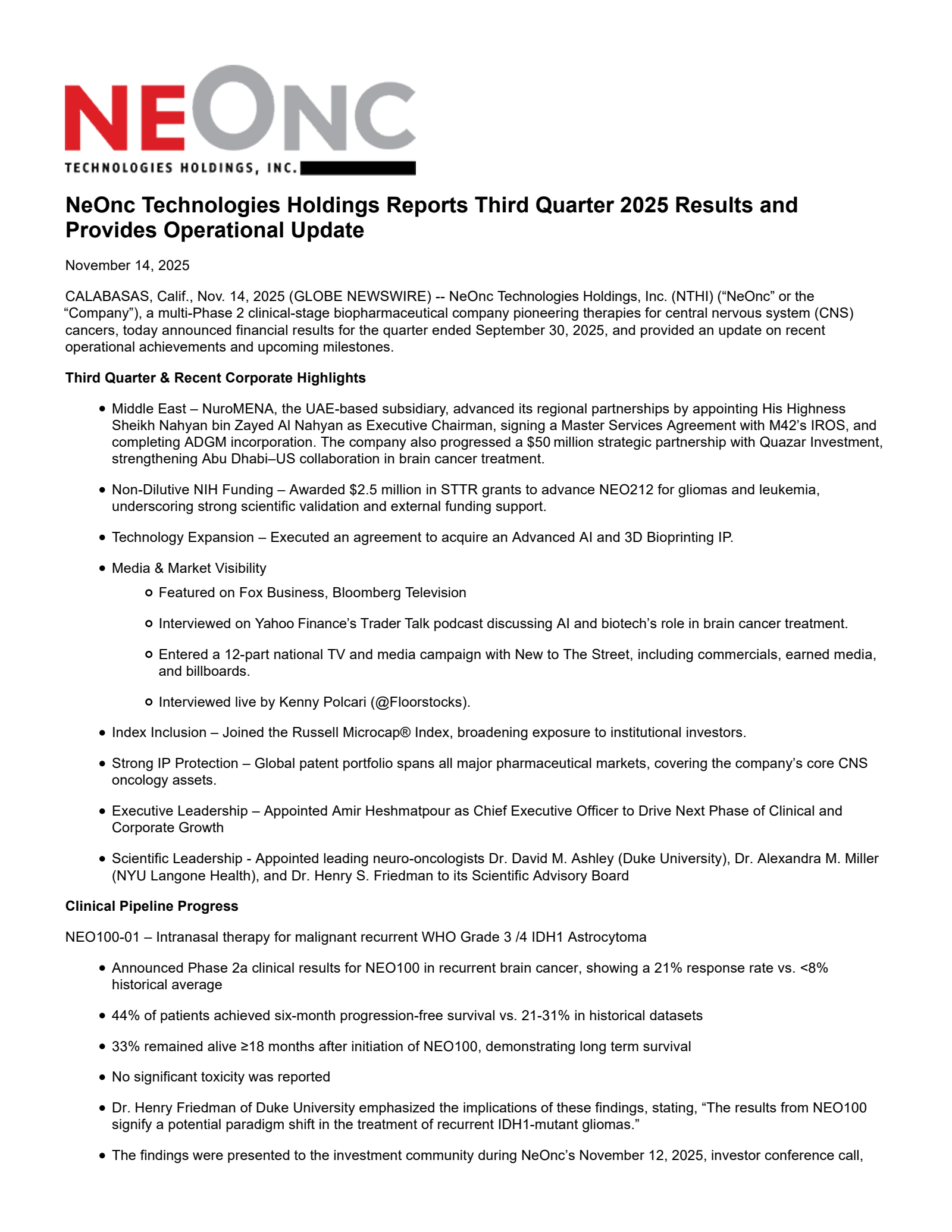 Neonc Technologies' Q3 2025 Press Release