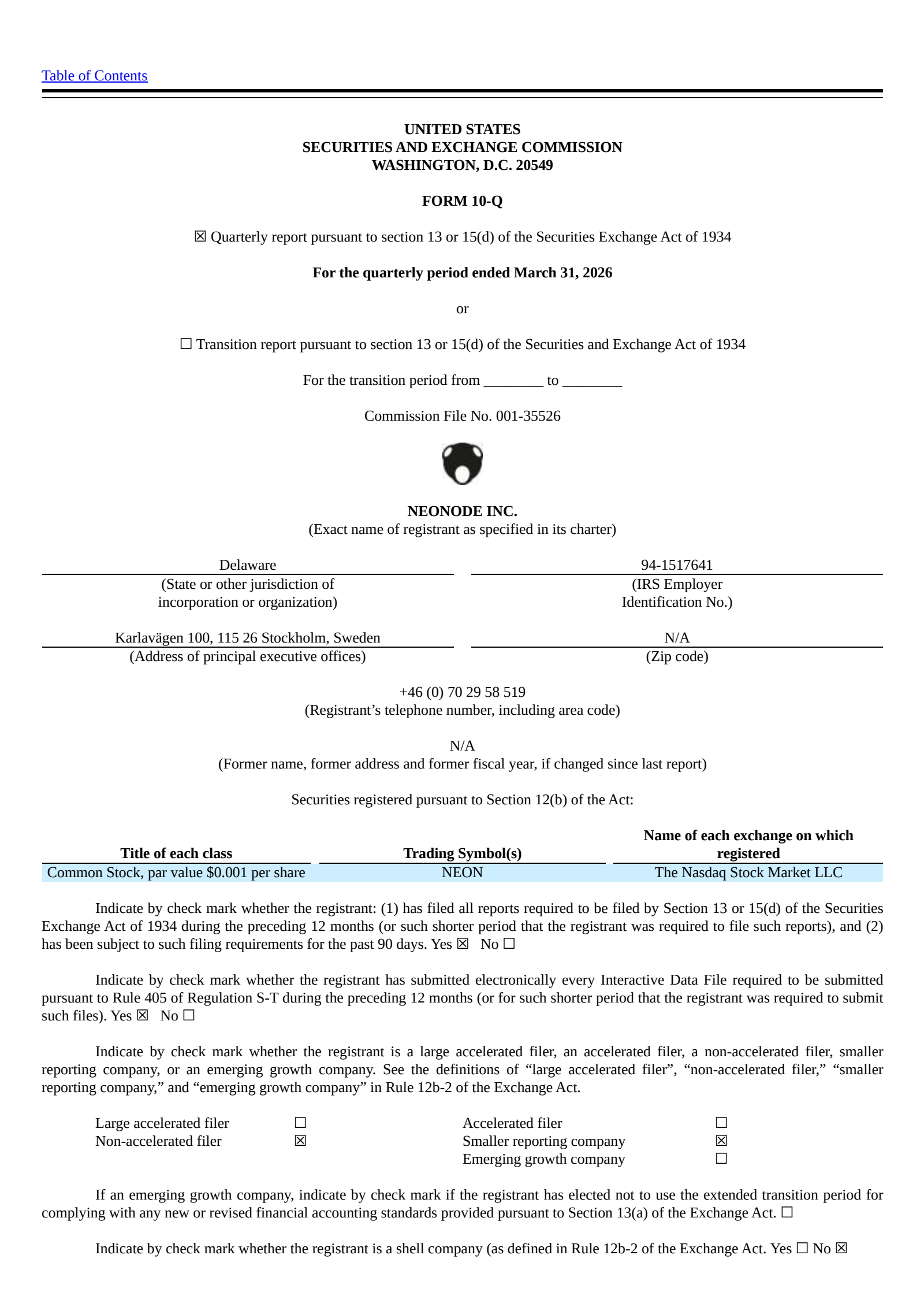 Neonode's Q1 2026 Quarterly report