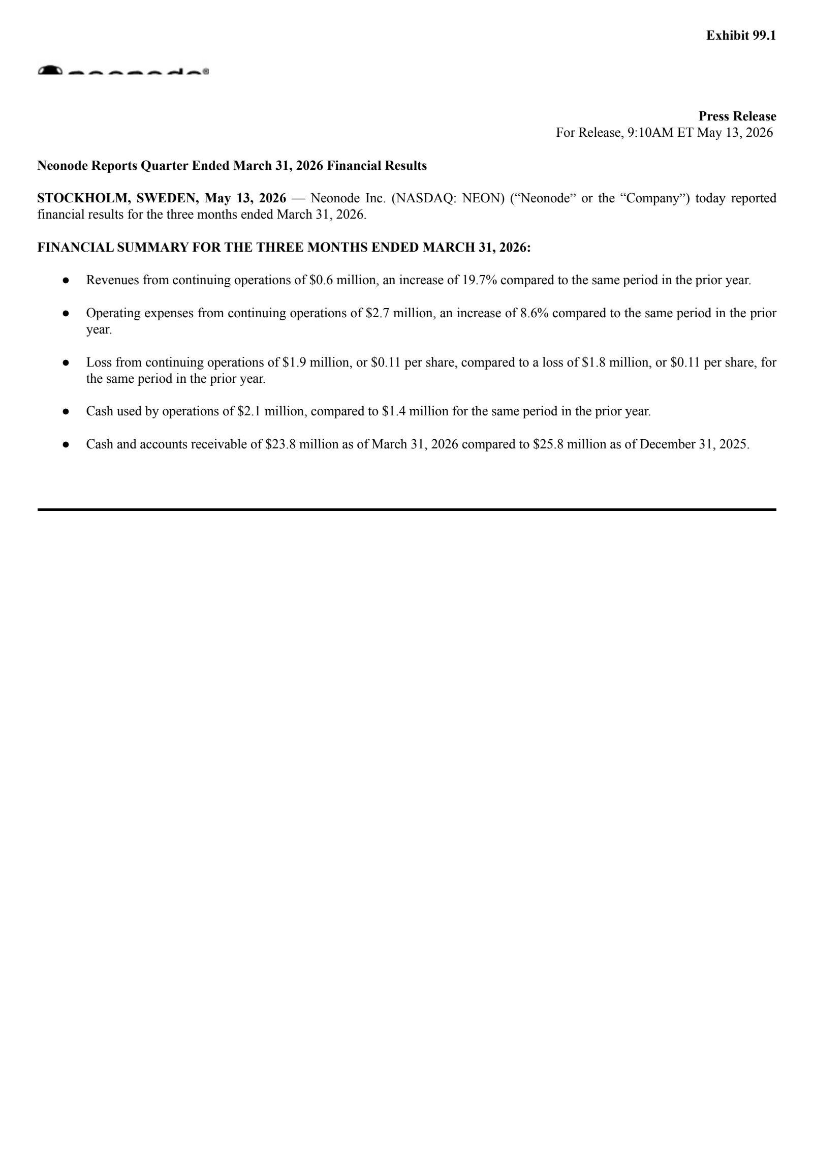 Neonode's Q1 2026 Press Release