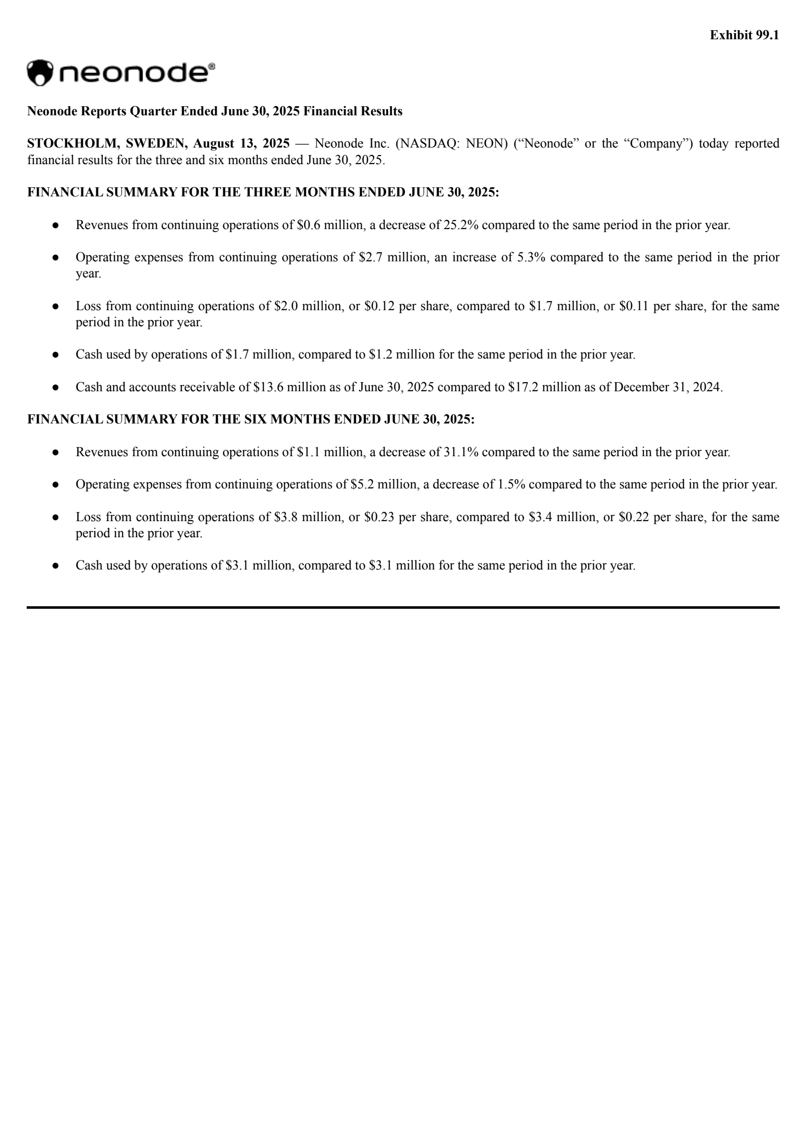 Neonode's Q2 2025 Press Release
