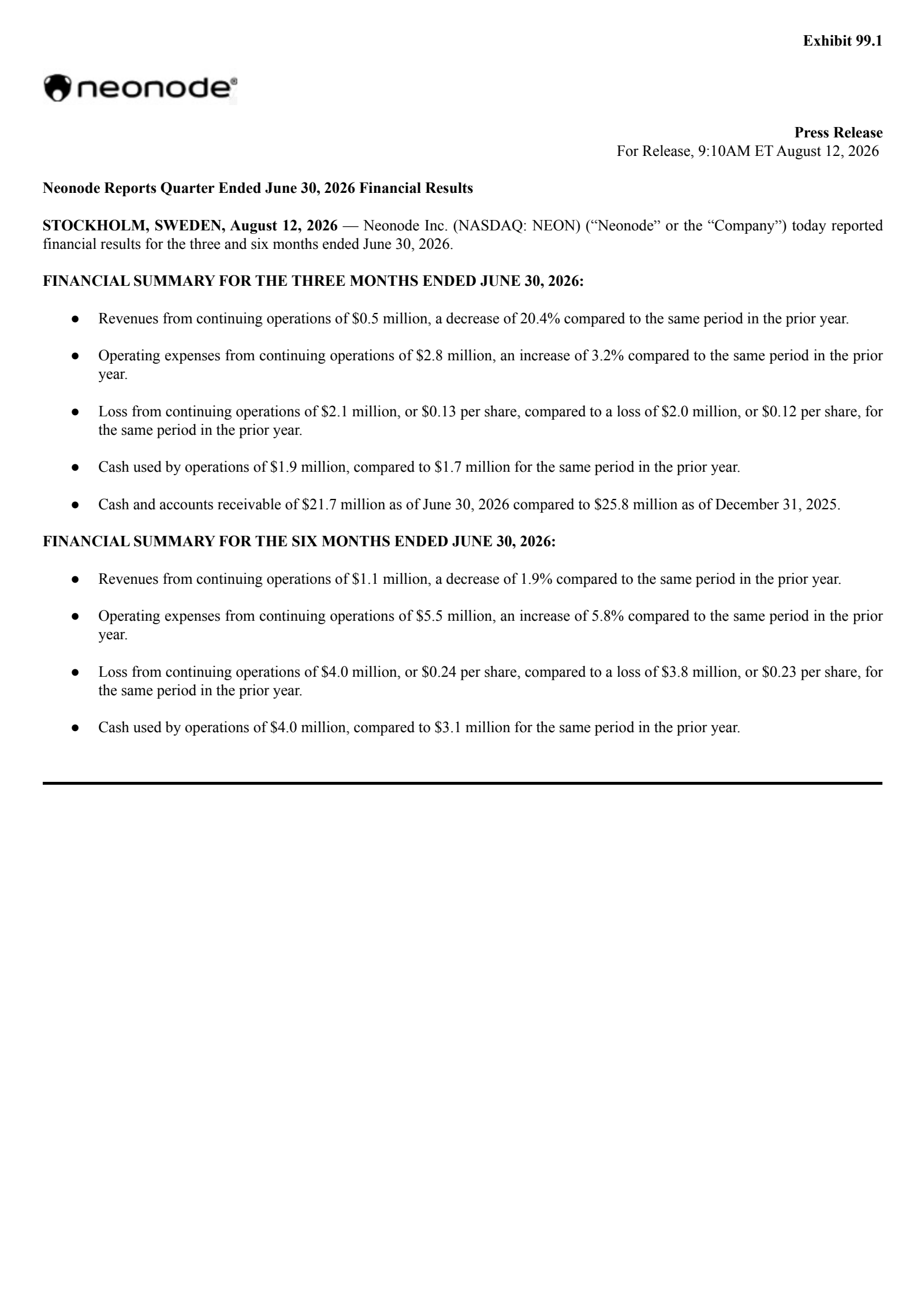 Neonode's Q2 2026 Press Release