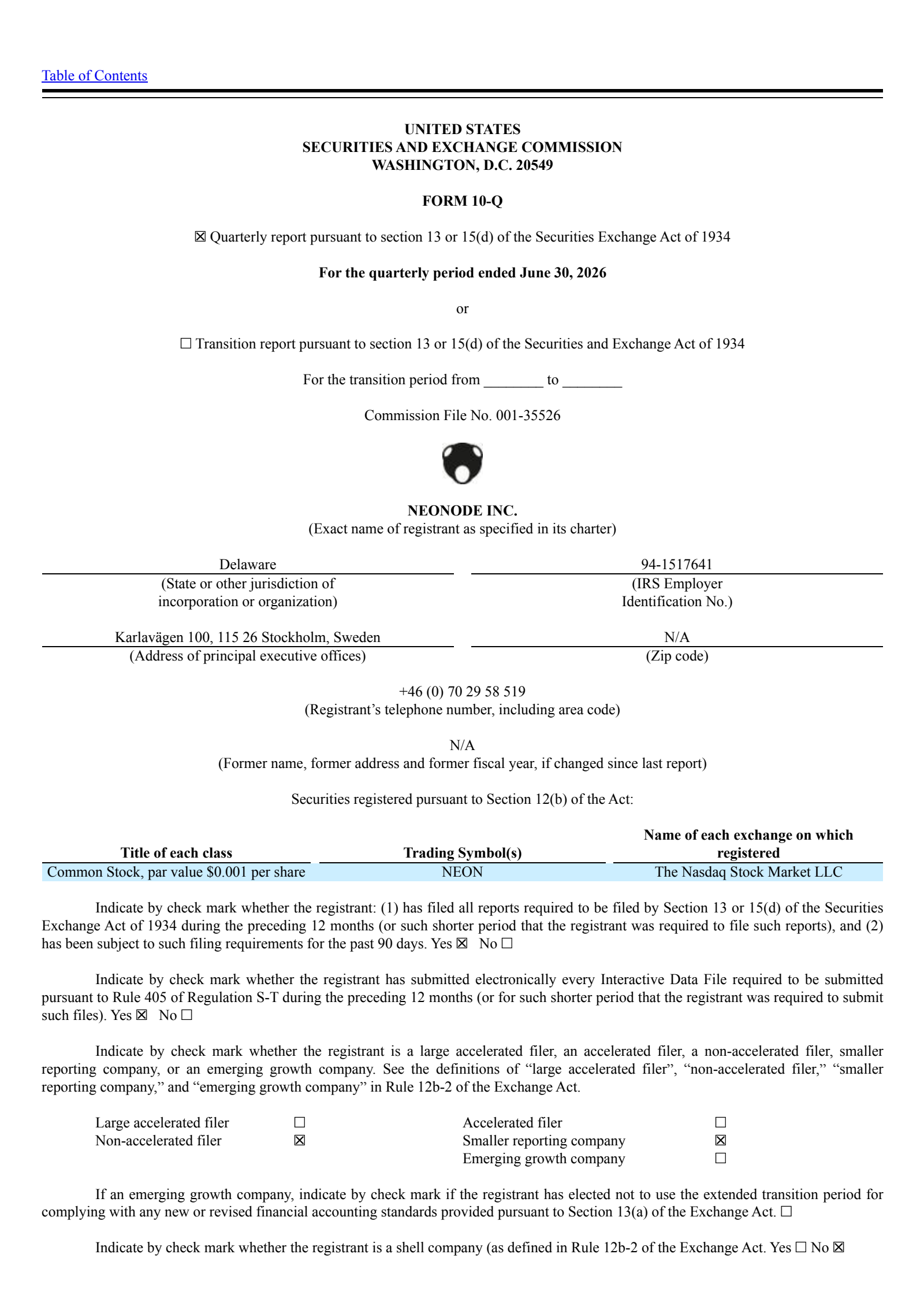 Neonode's Q2 2026 Quarterly report