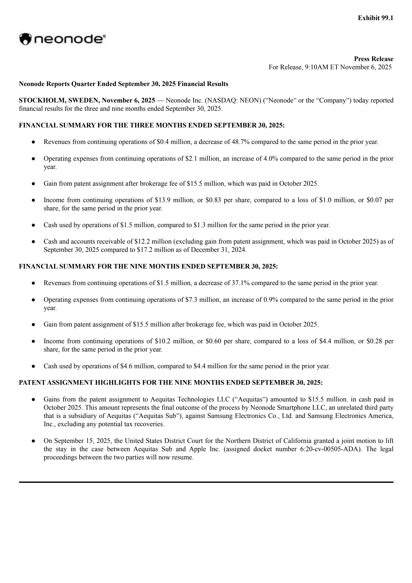 Neonode's Q3 2025 Earnings Release