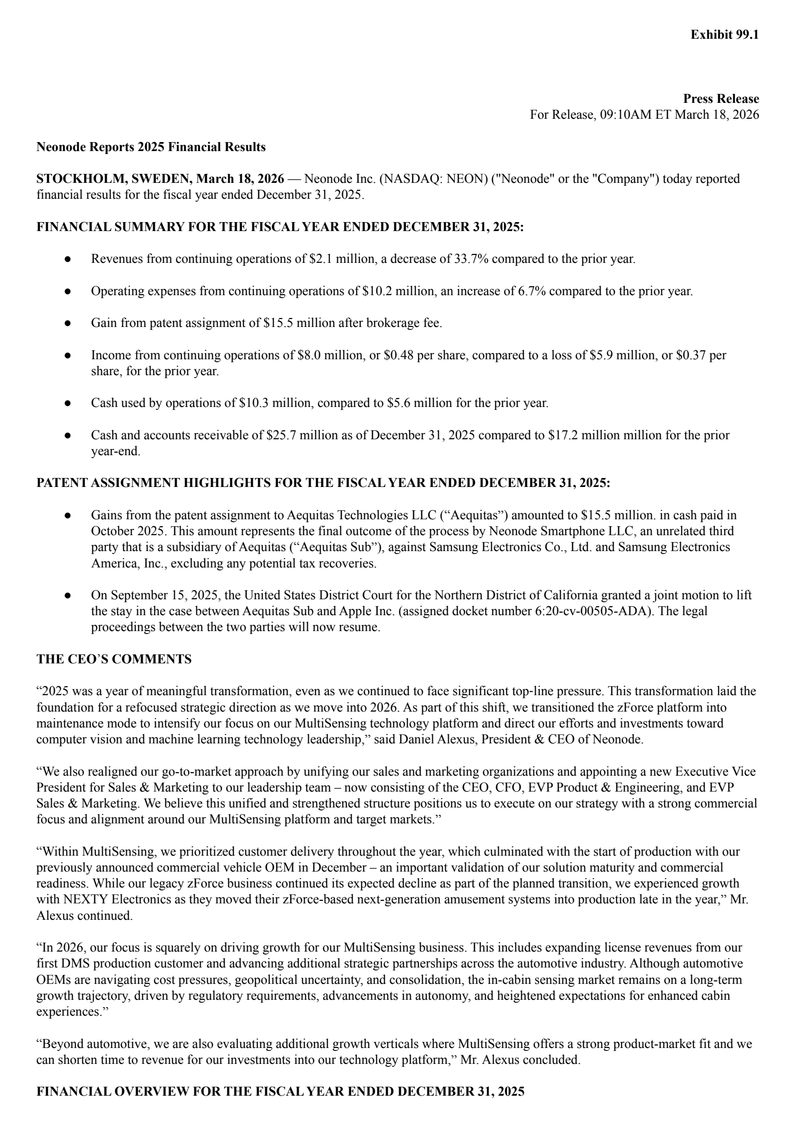 Neonode's Q4 2025 Press Release