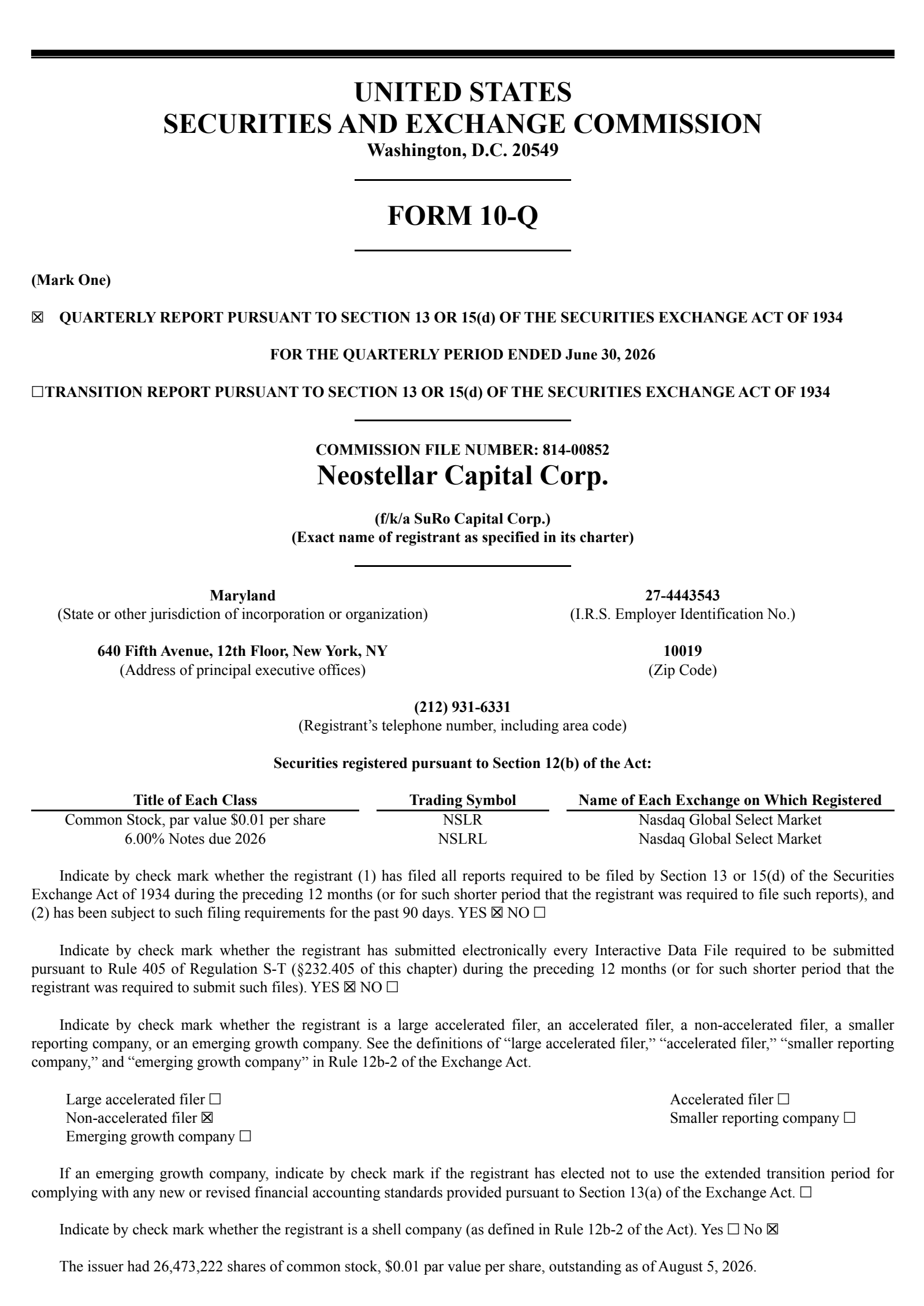 Neostellar Capital's Q2 2026 Quarterly report