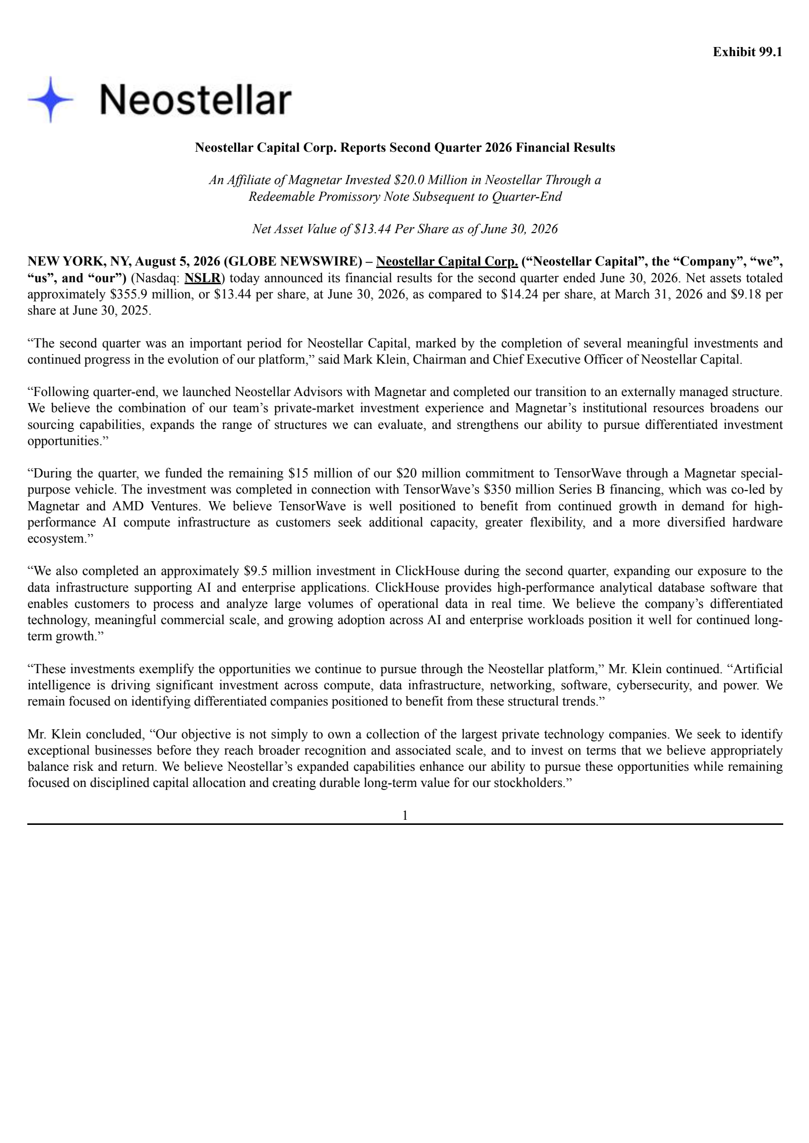 Neostellar Capital's Q2 2026 Press Release