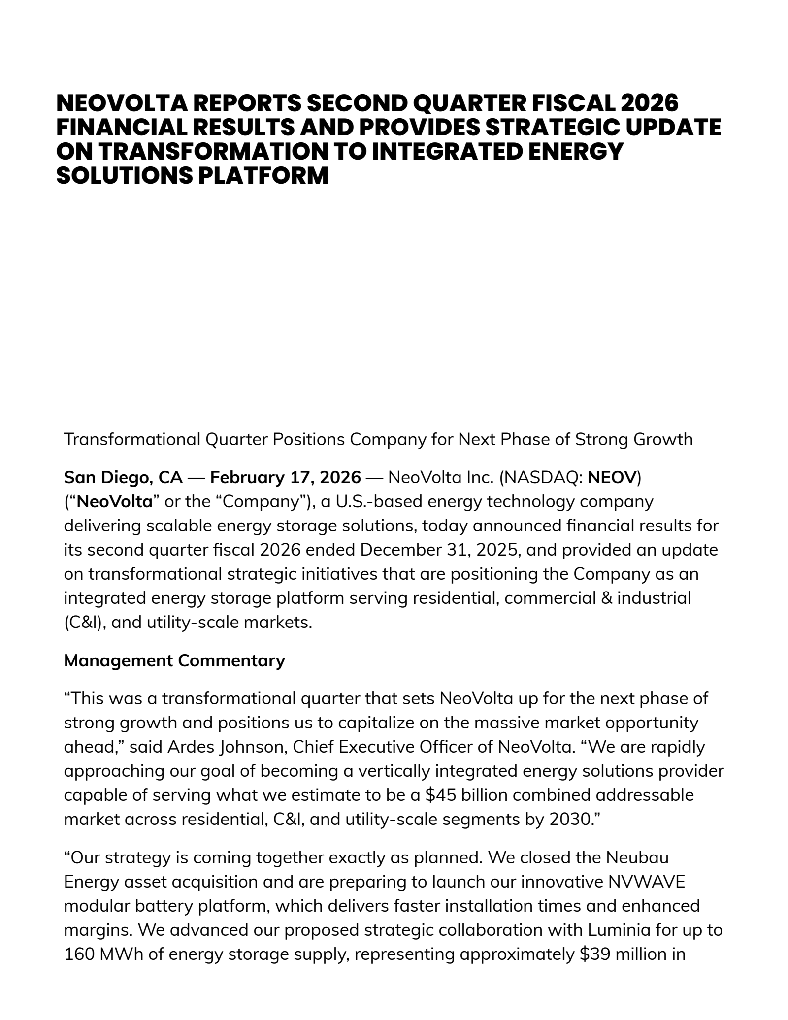 NeoVolta's Q2 2026 Press Release
