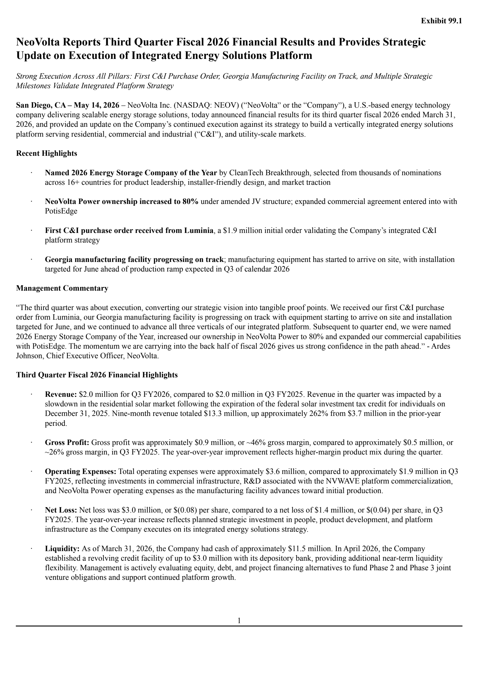 NeoVolta's Q3 2026 Press Release