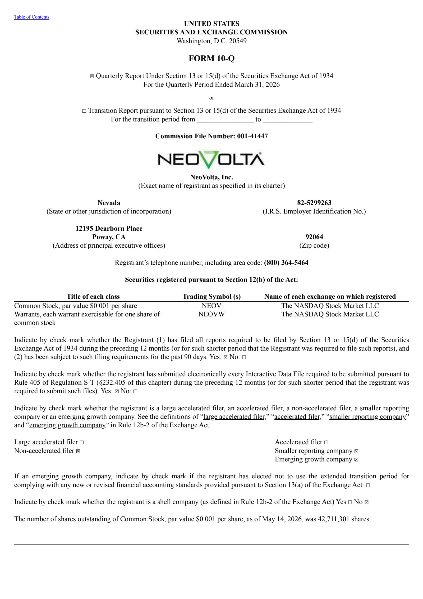 NeoVolta's Q3 2026 Quarterly report