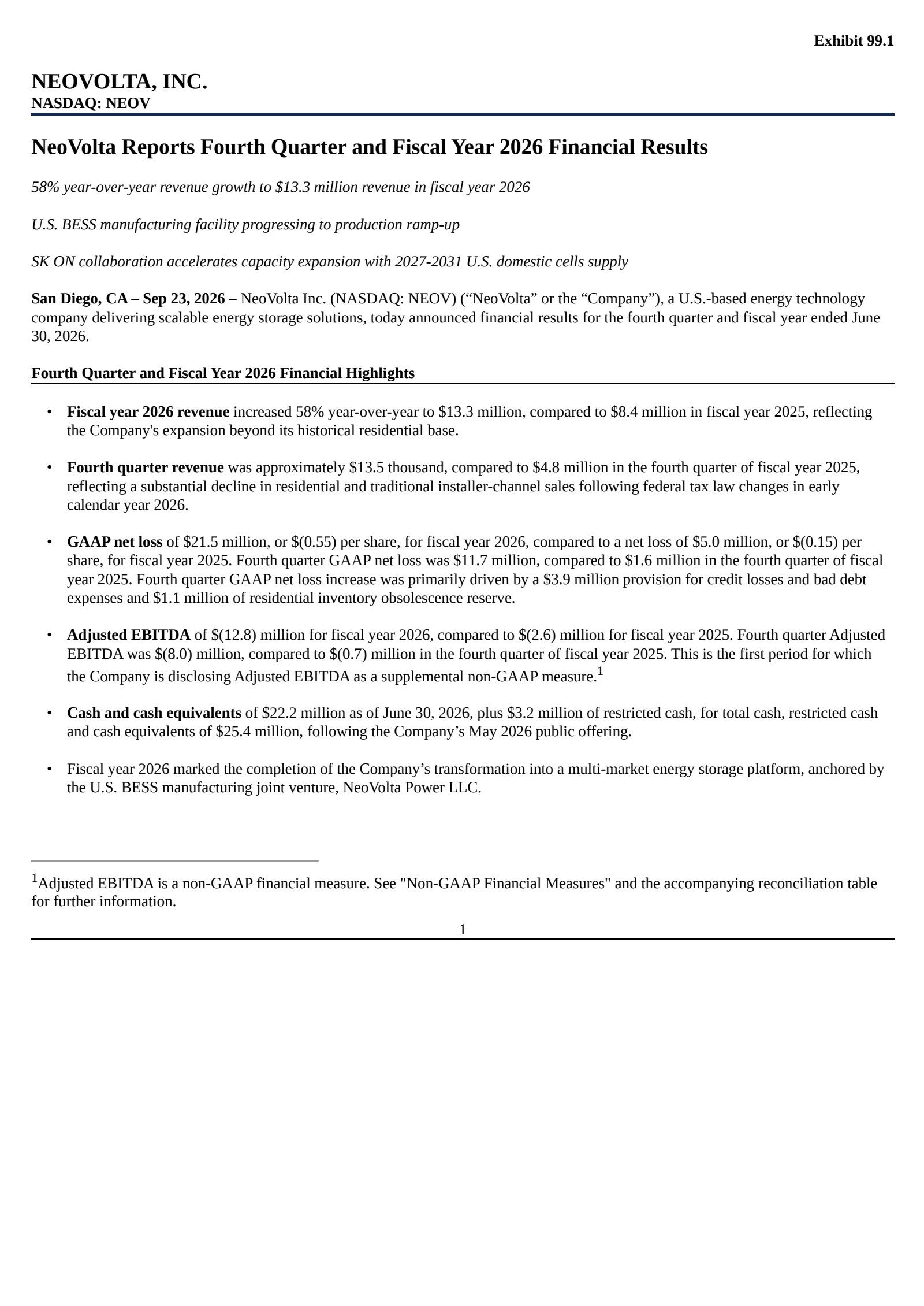 NeoVolta's Q4 2026 Press Release