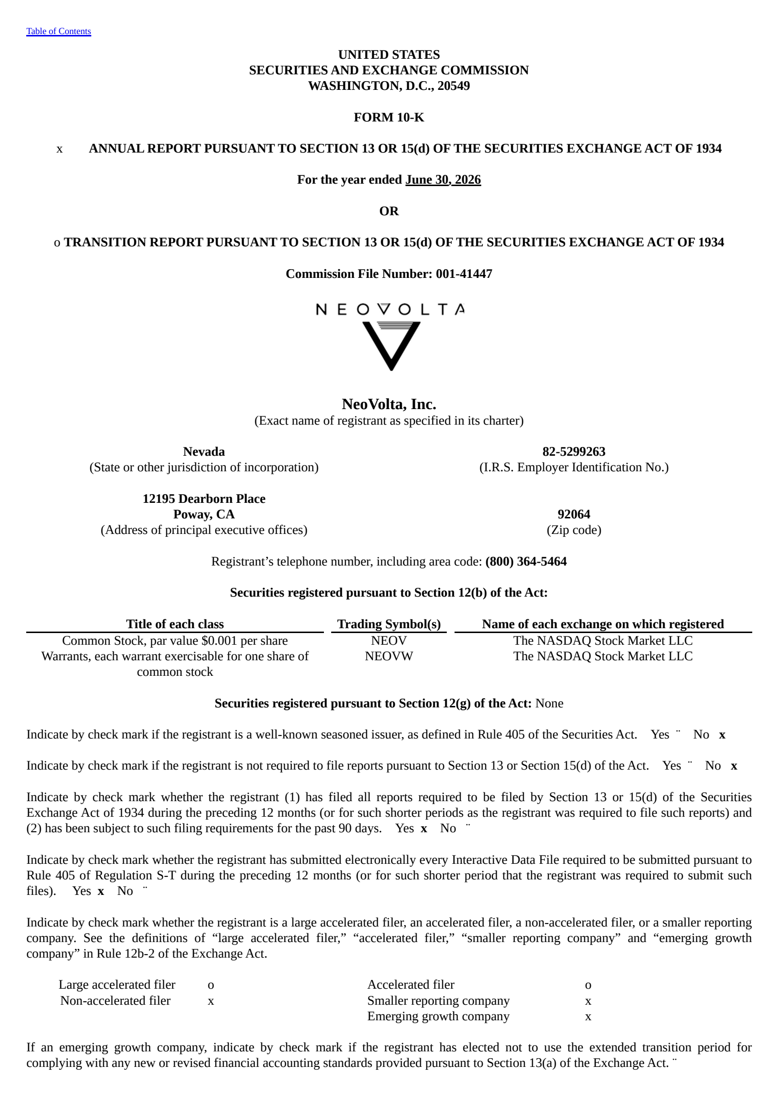 NeoVolta's Q4 2026 Annual report