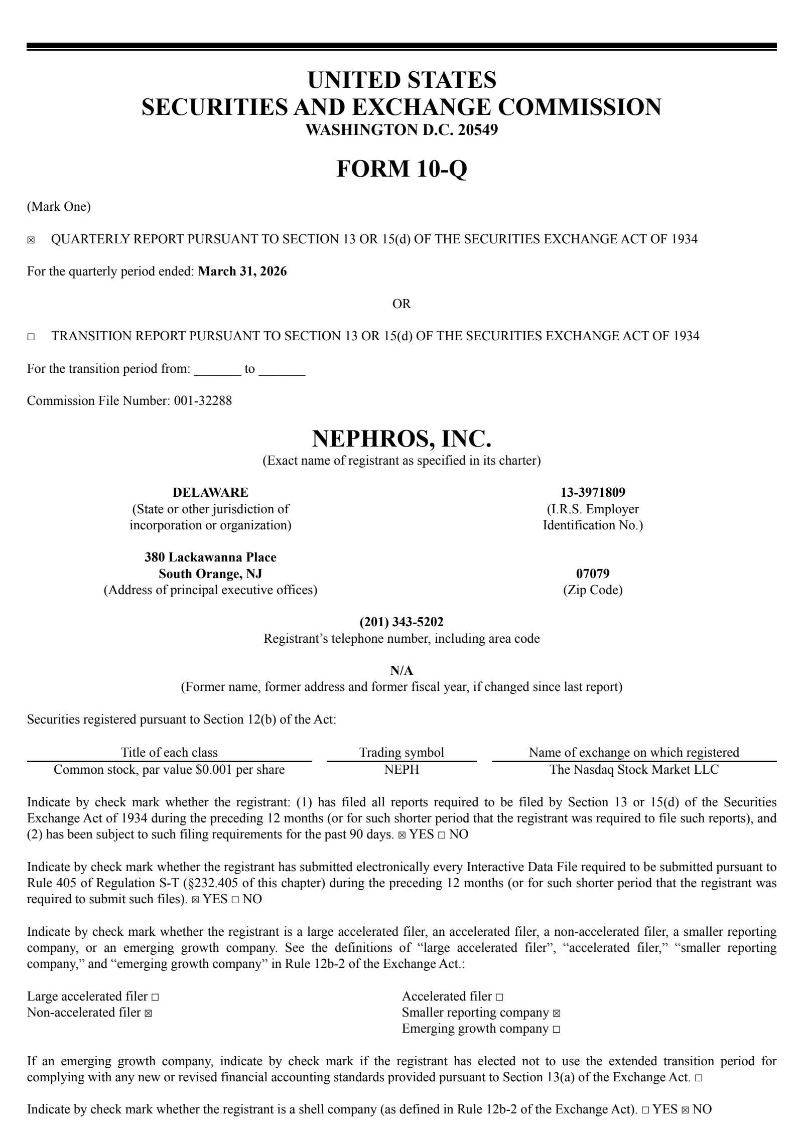 Nephros' Q1 2026 Quarterly report