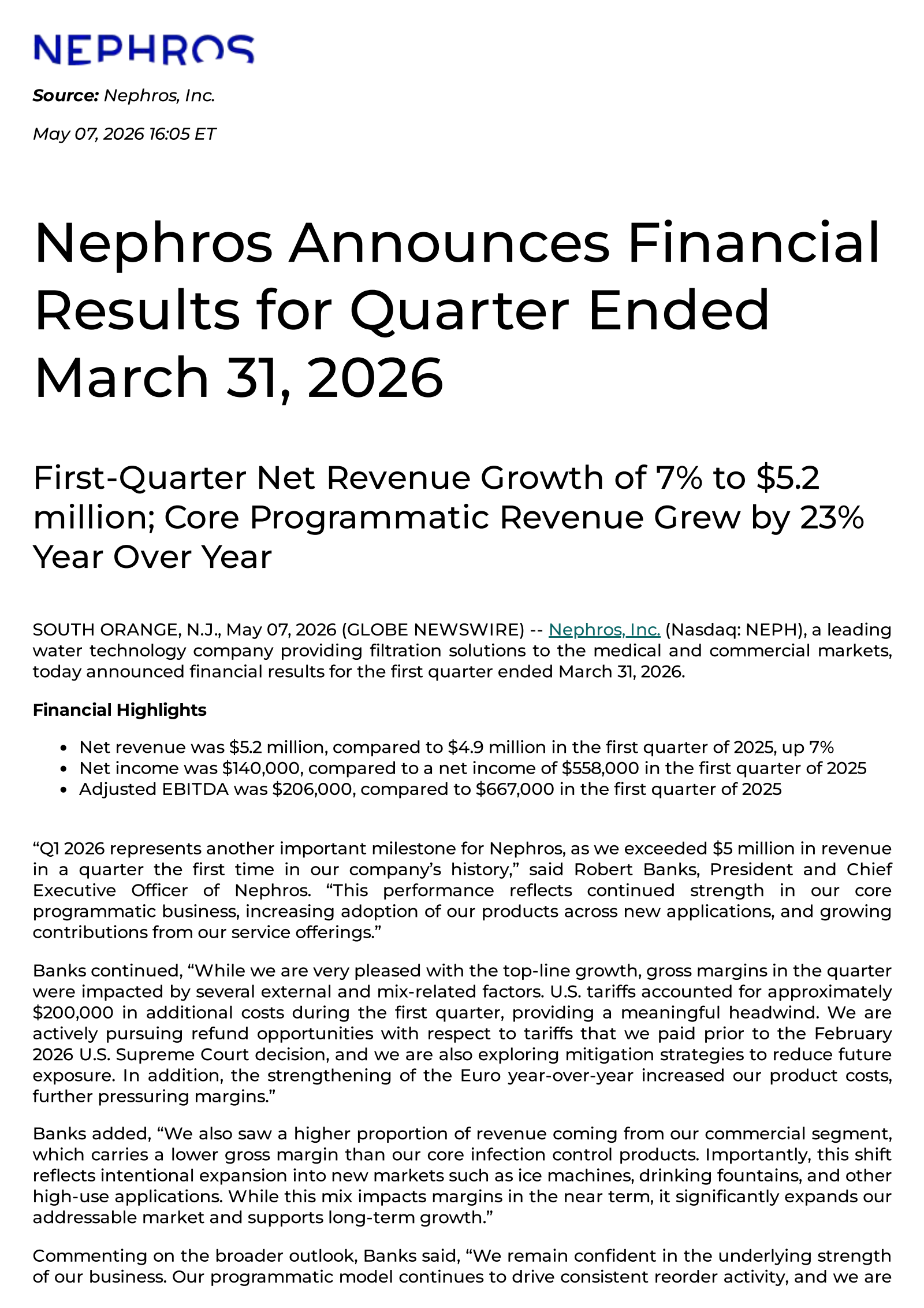 Nephros' Q1 2026 Press Release