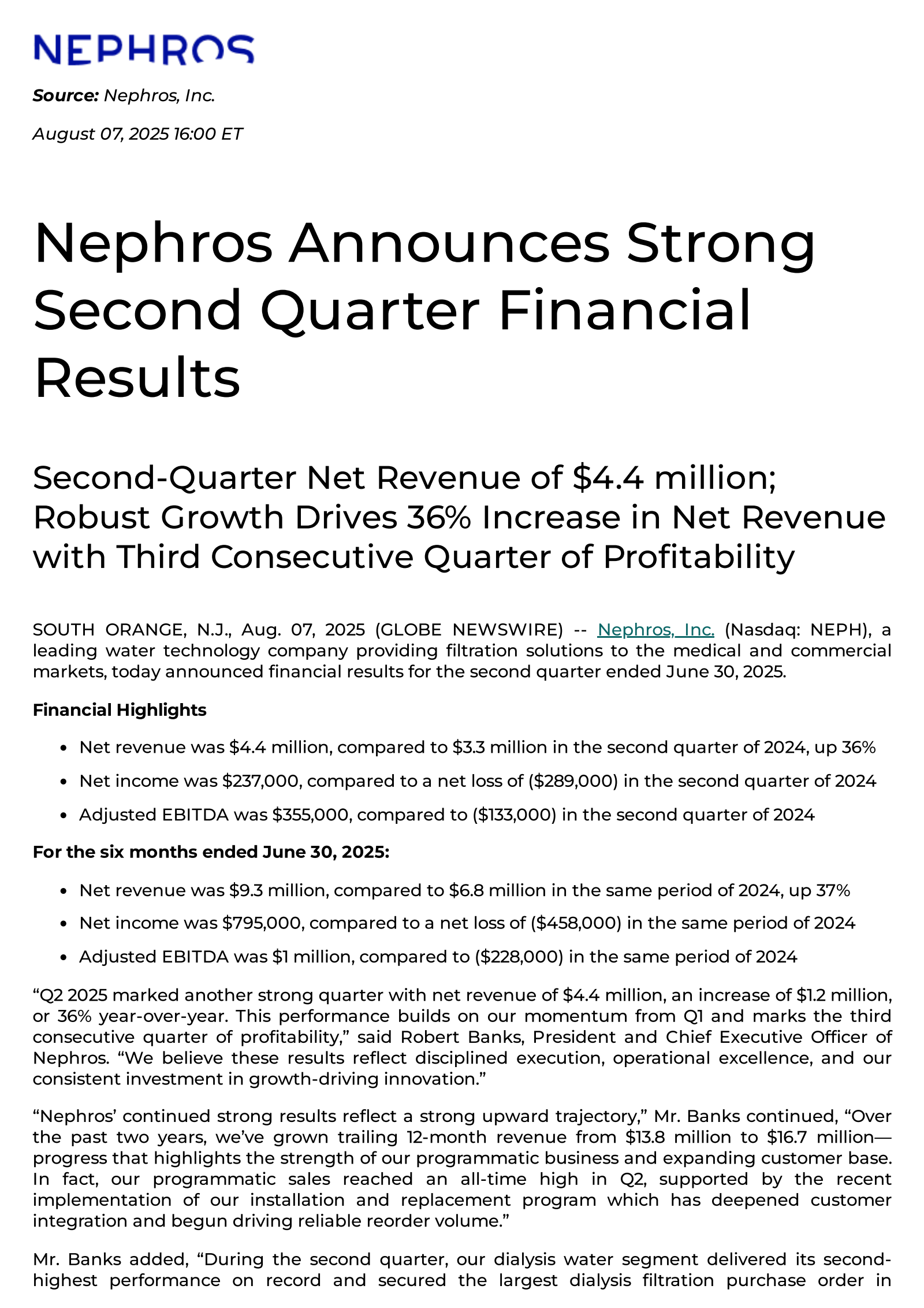 Nephros' Q2 2025 Press Release