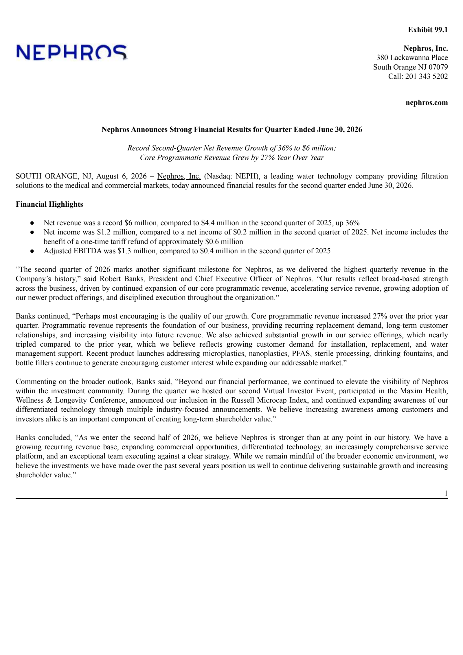 Nephros' Q2 2026 Press Release