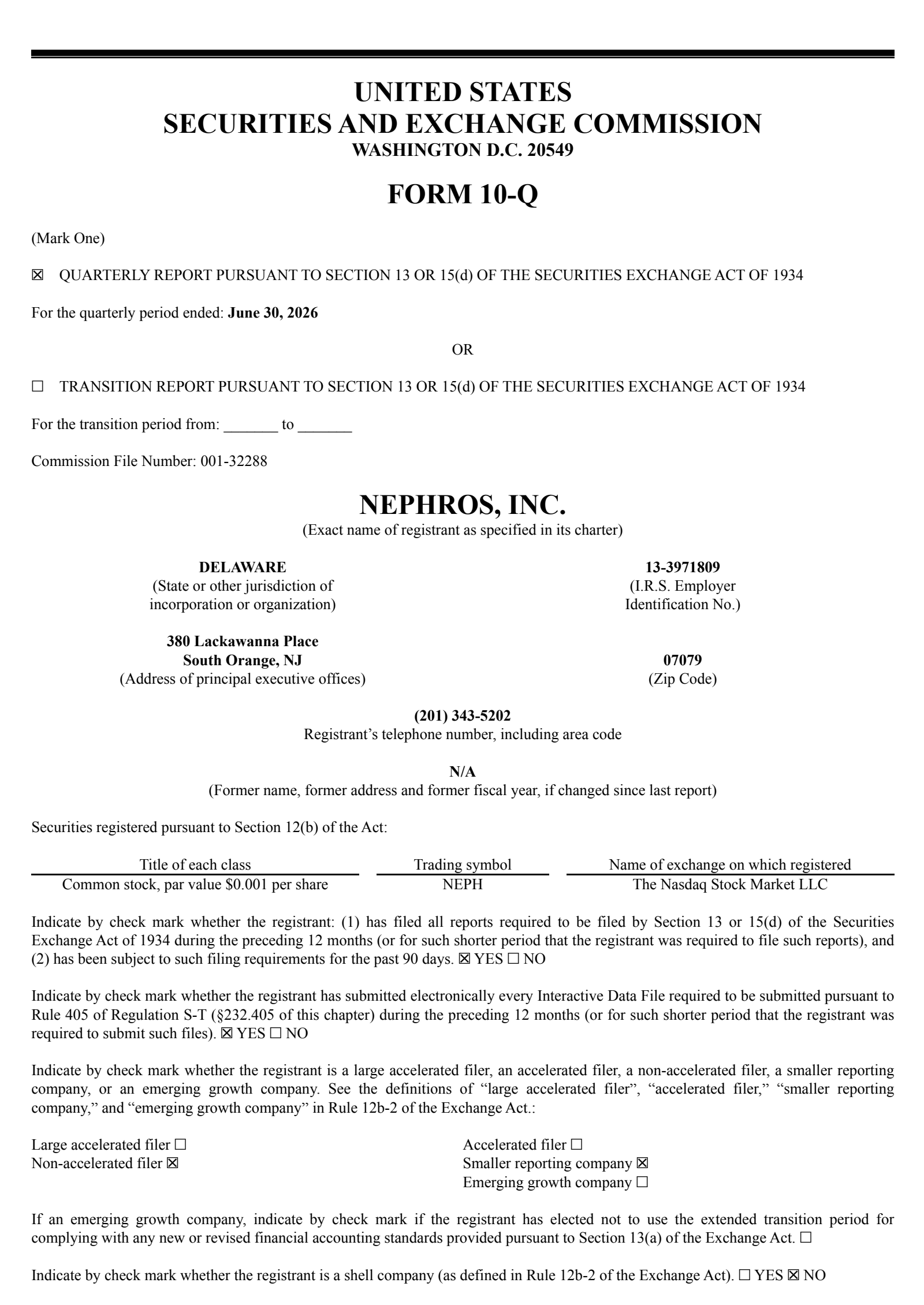 Nephros' Q2 2026 Quarterly report