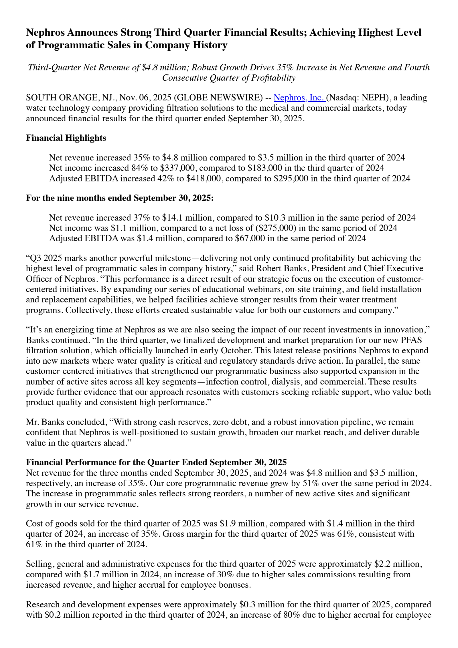 Nephros' Q3 2025 Earnings Release