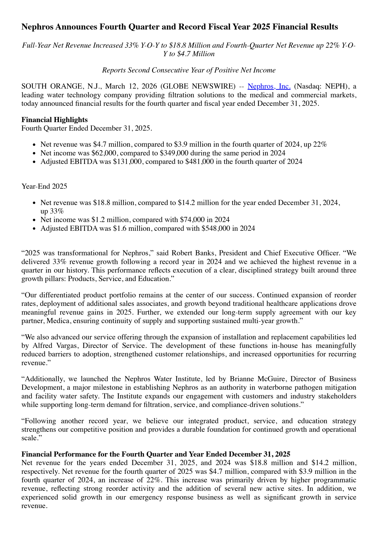 Nephros' Q4 2025 Press Release
