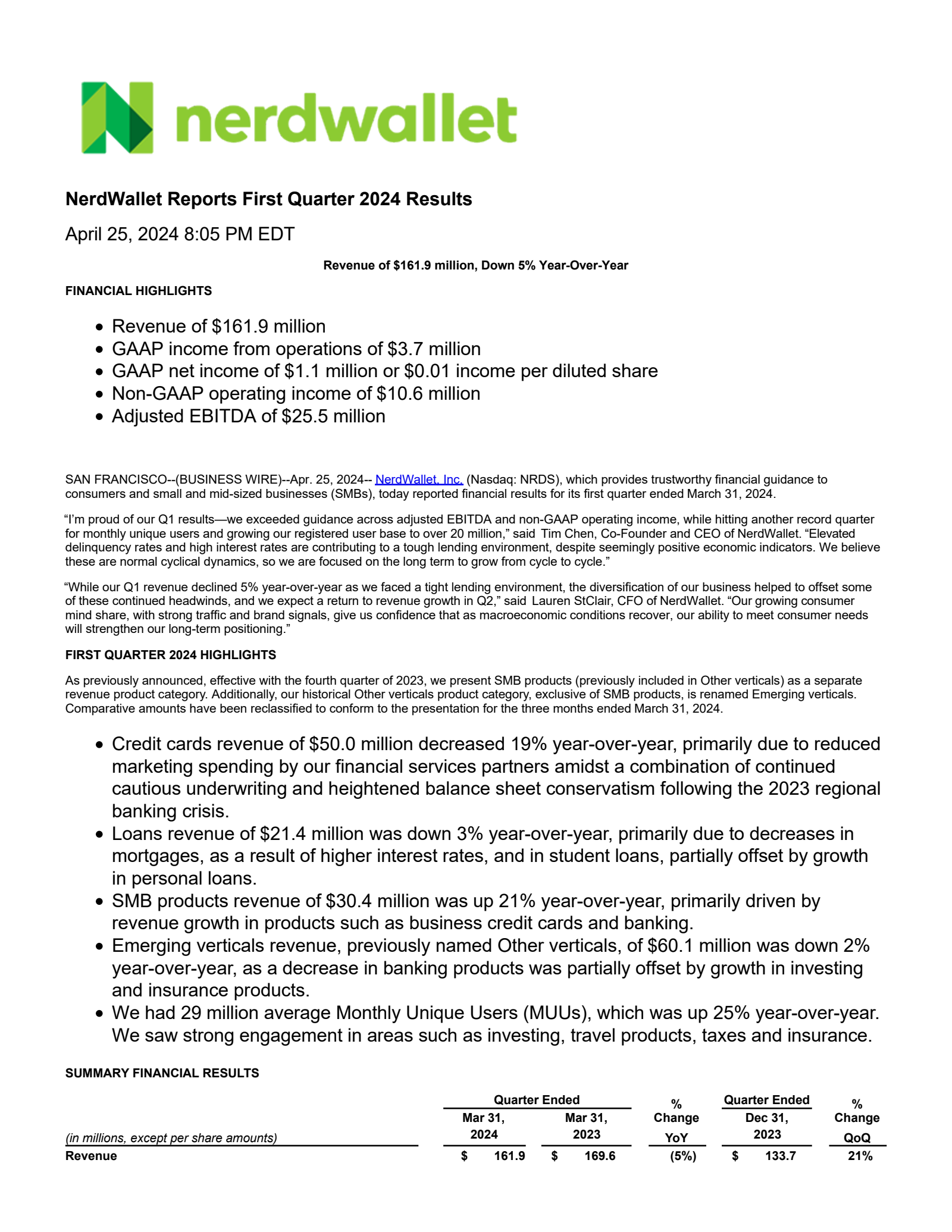 NerdWallet's Q1 2024 Press Release
