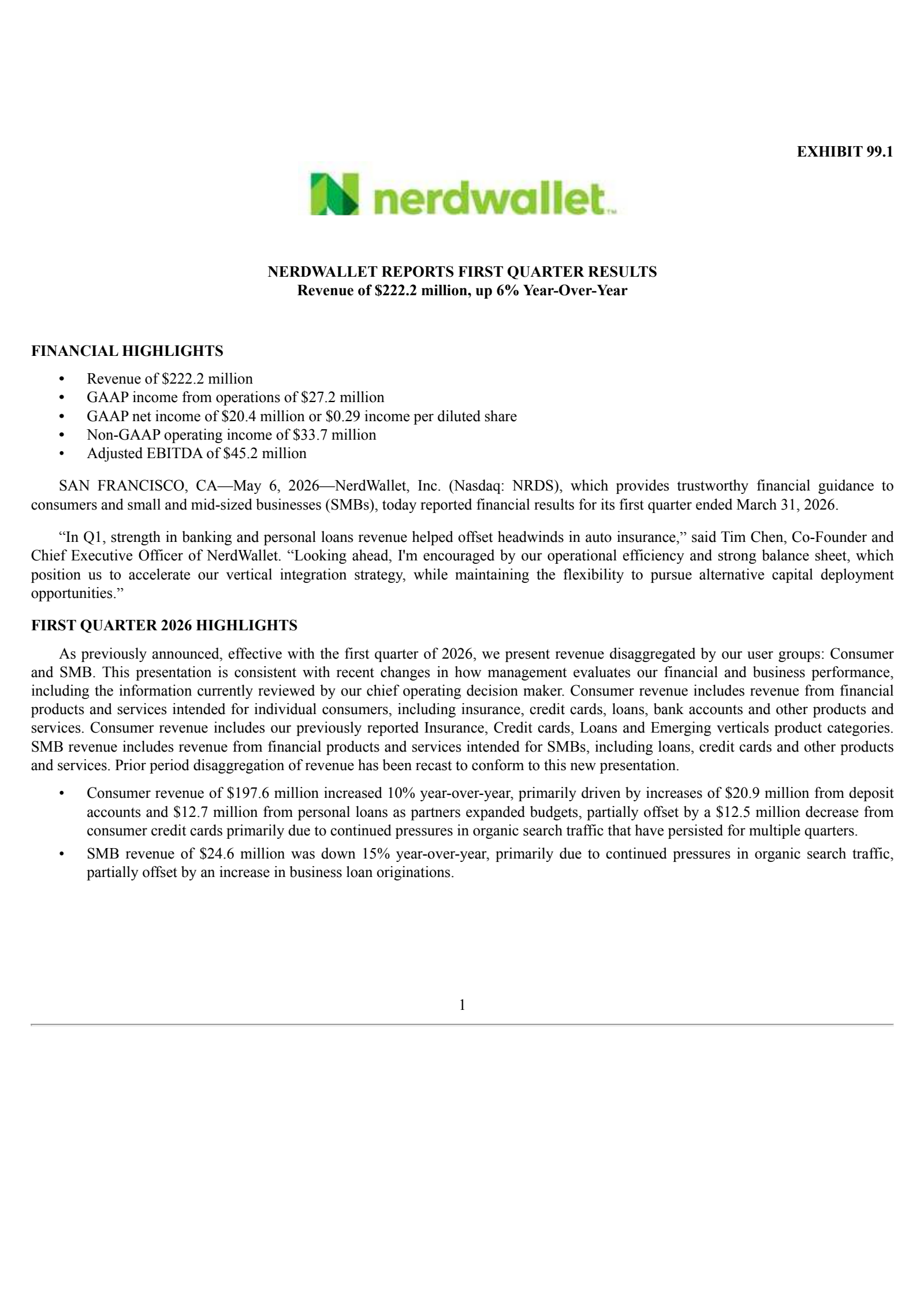 NerdWallet's Q1 2026 Press Release