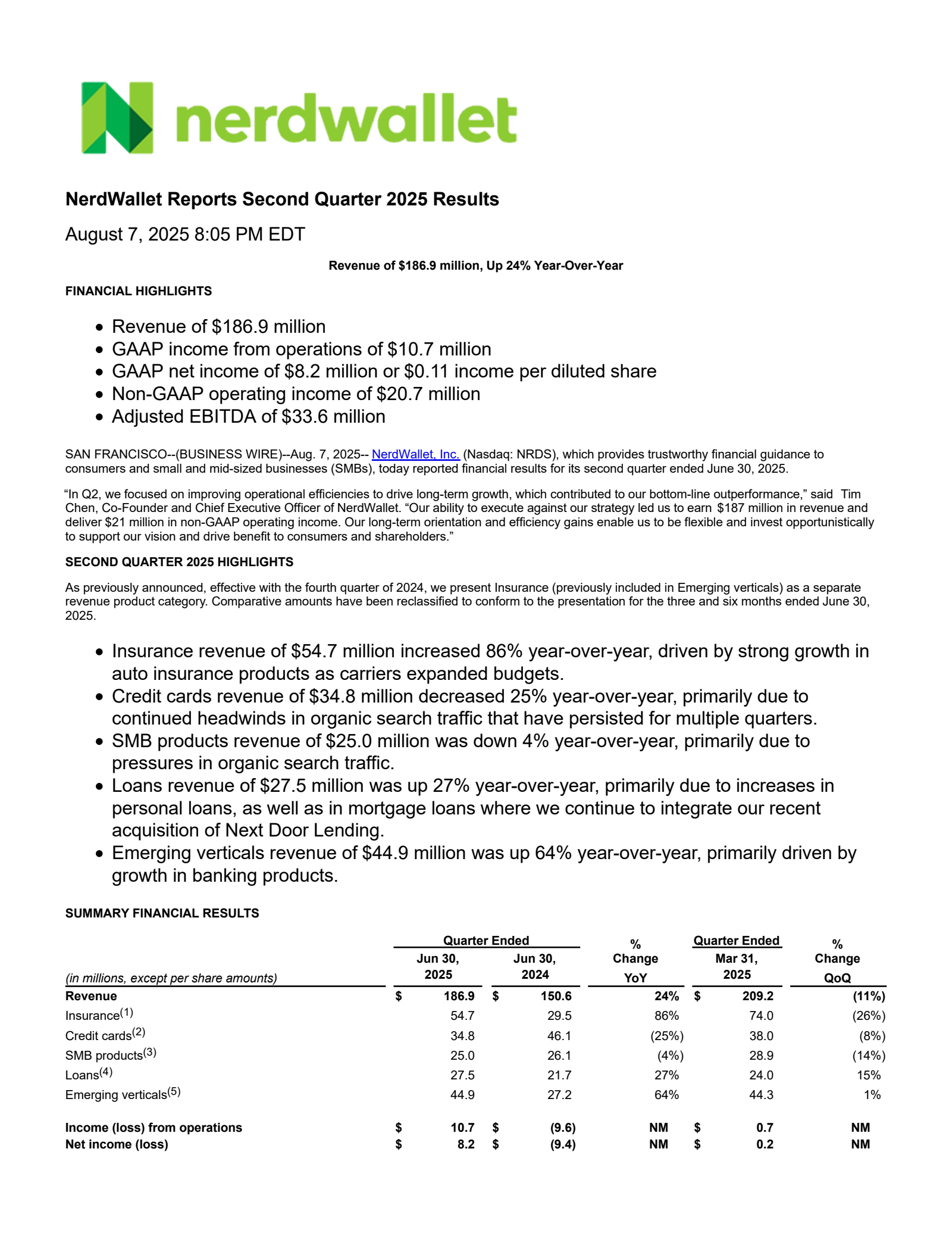 NerdWallet's Q2 2025 Earnings Release