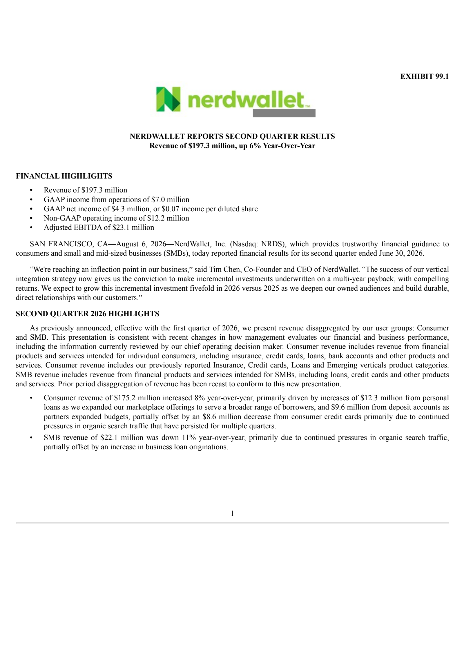 NerdWallet's Q2 2026 Press Release