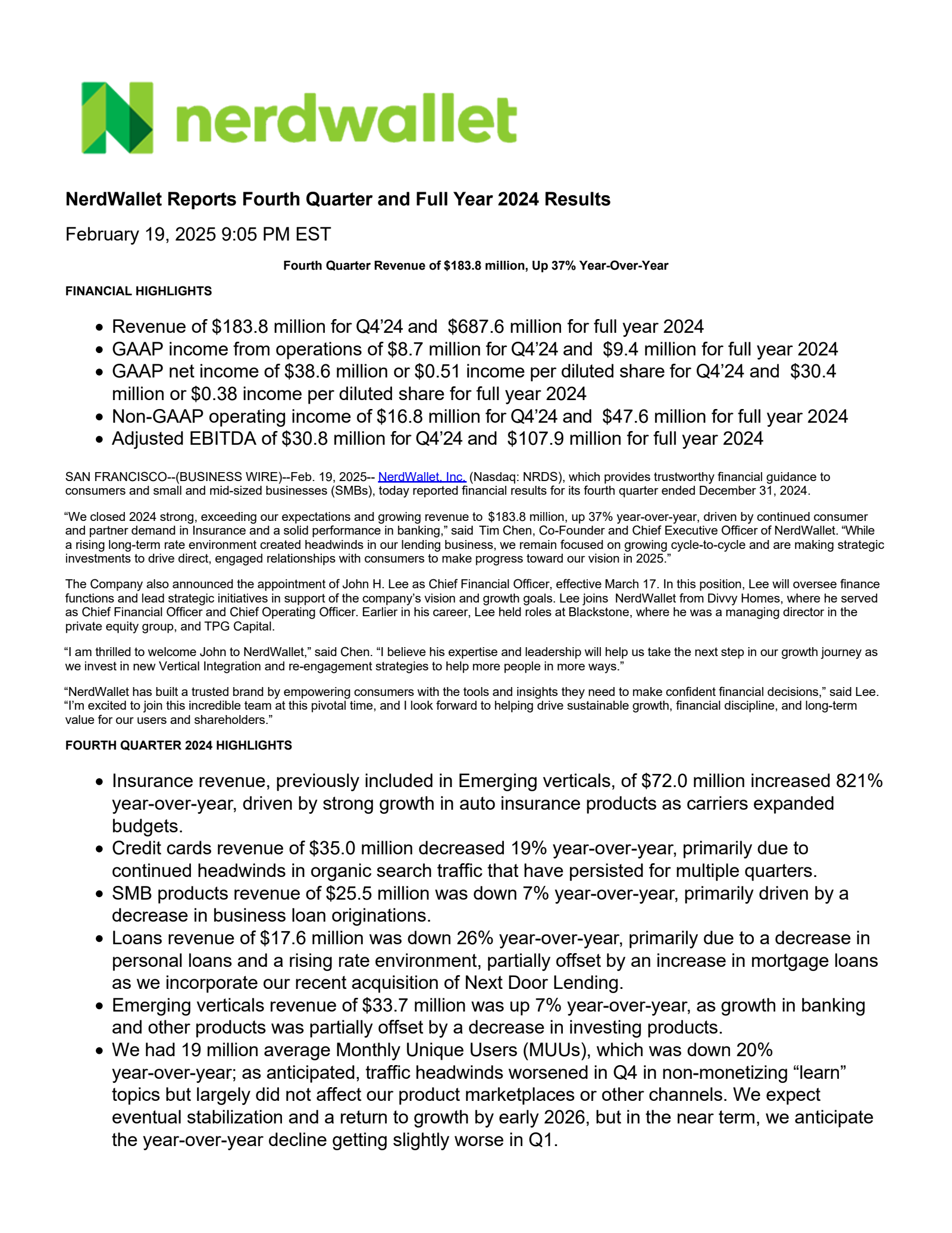 NerdWallet's Q4 2024 Earnings Release