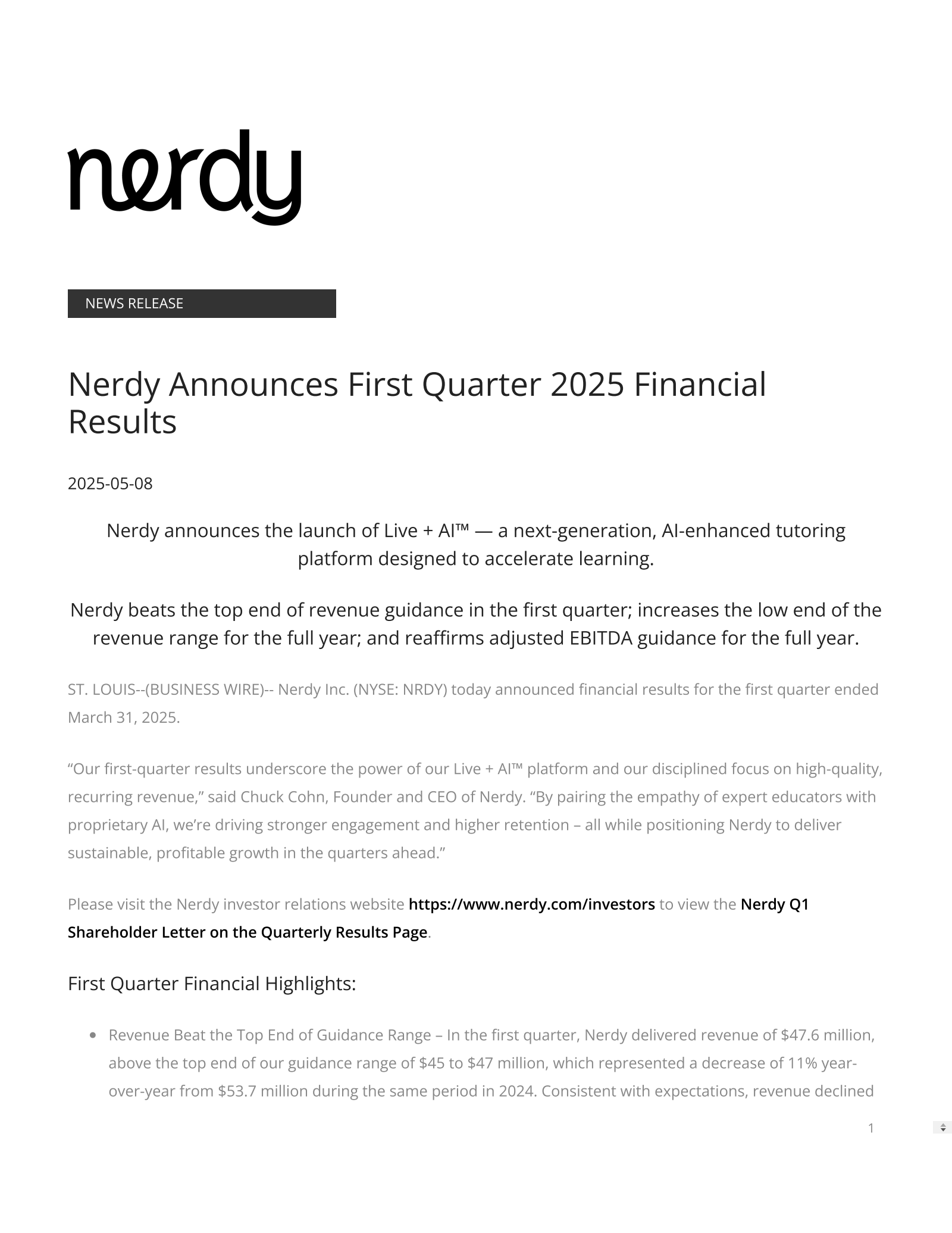 Nerdy's Q1 2025 Press Release
