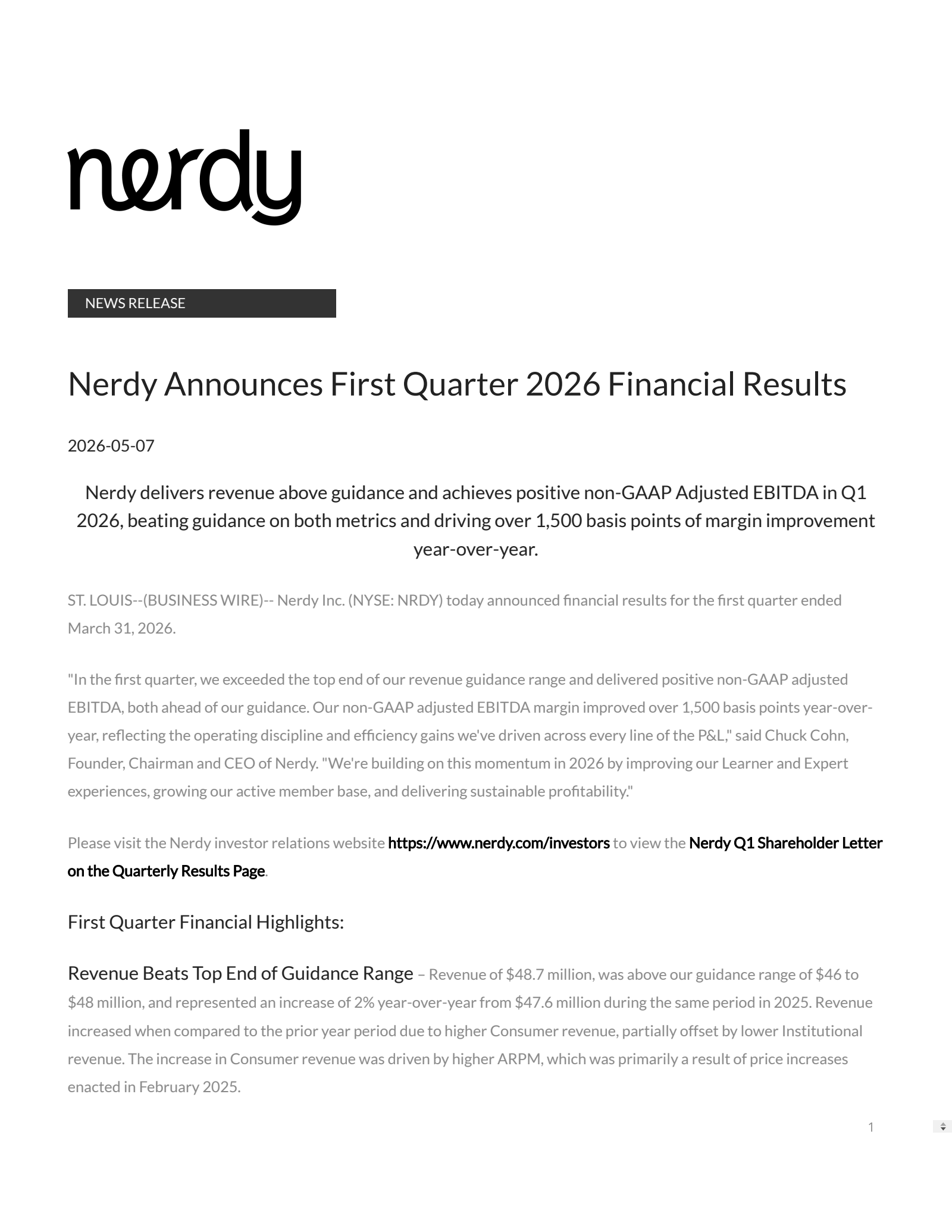 Nerdy's Q1 2026 Press Release