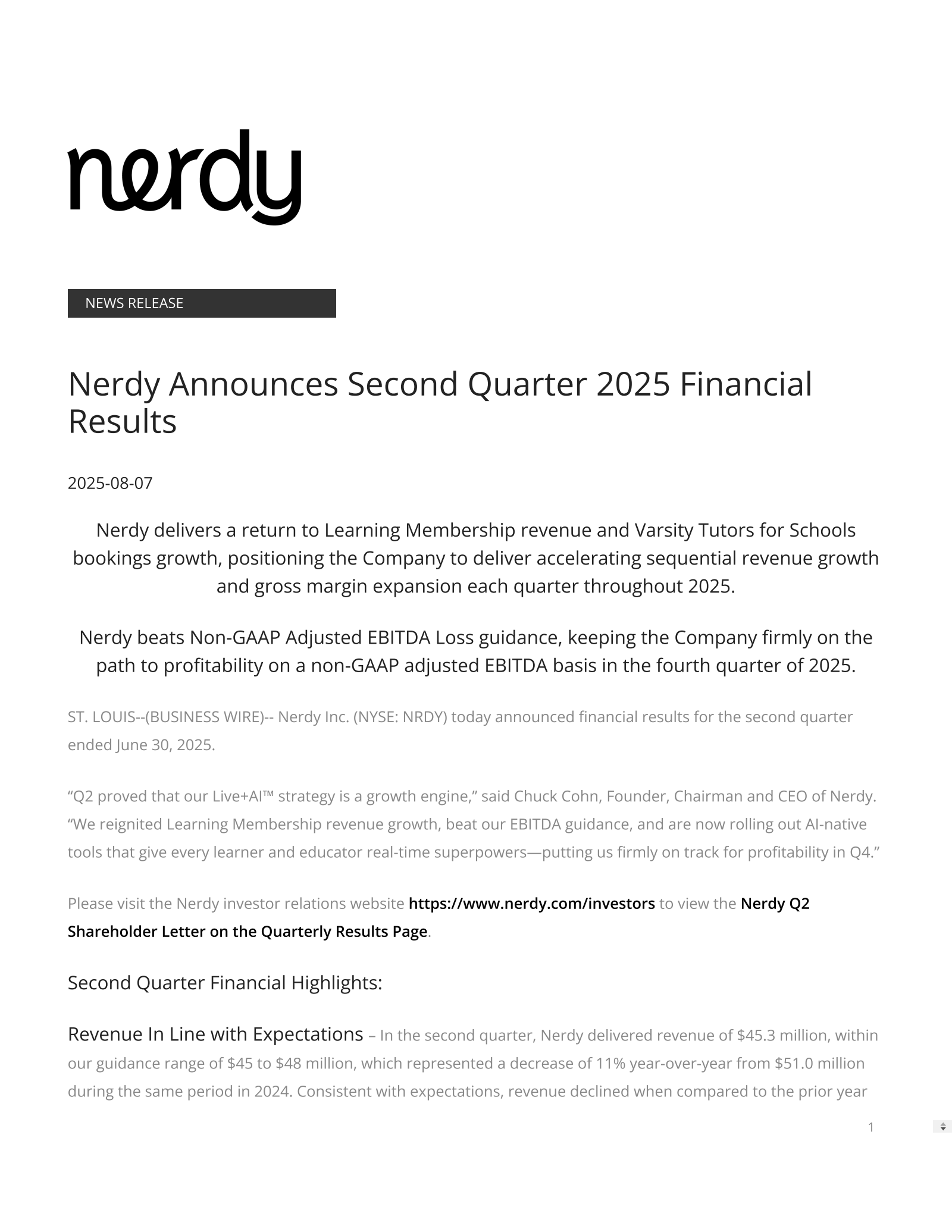 Nerdy's Q2 2025 Press Release