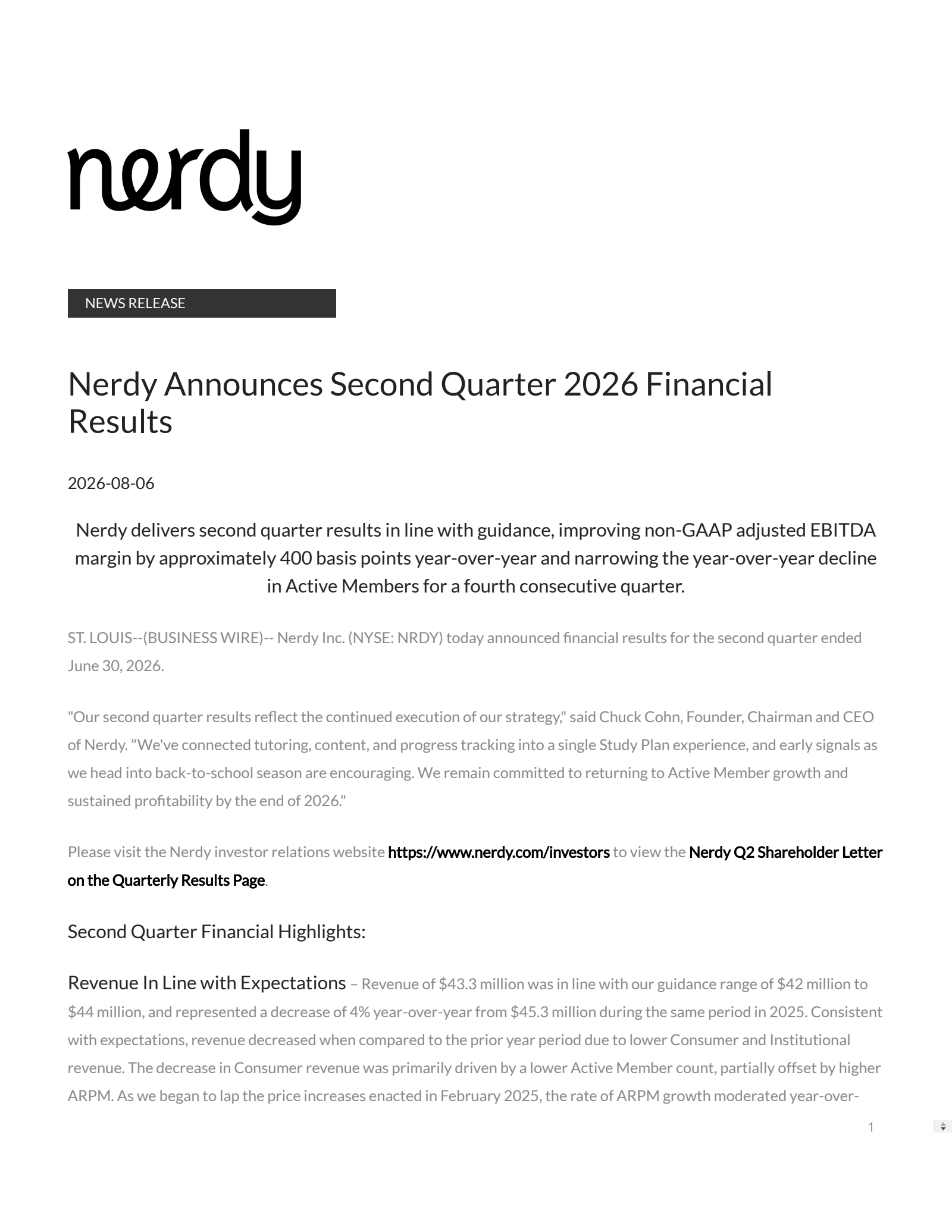 Nerdy's Q2 2026 Press Release